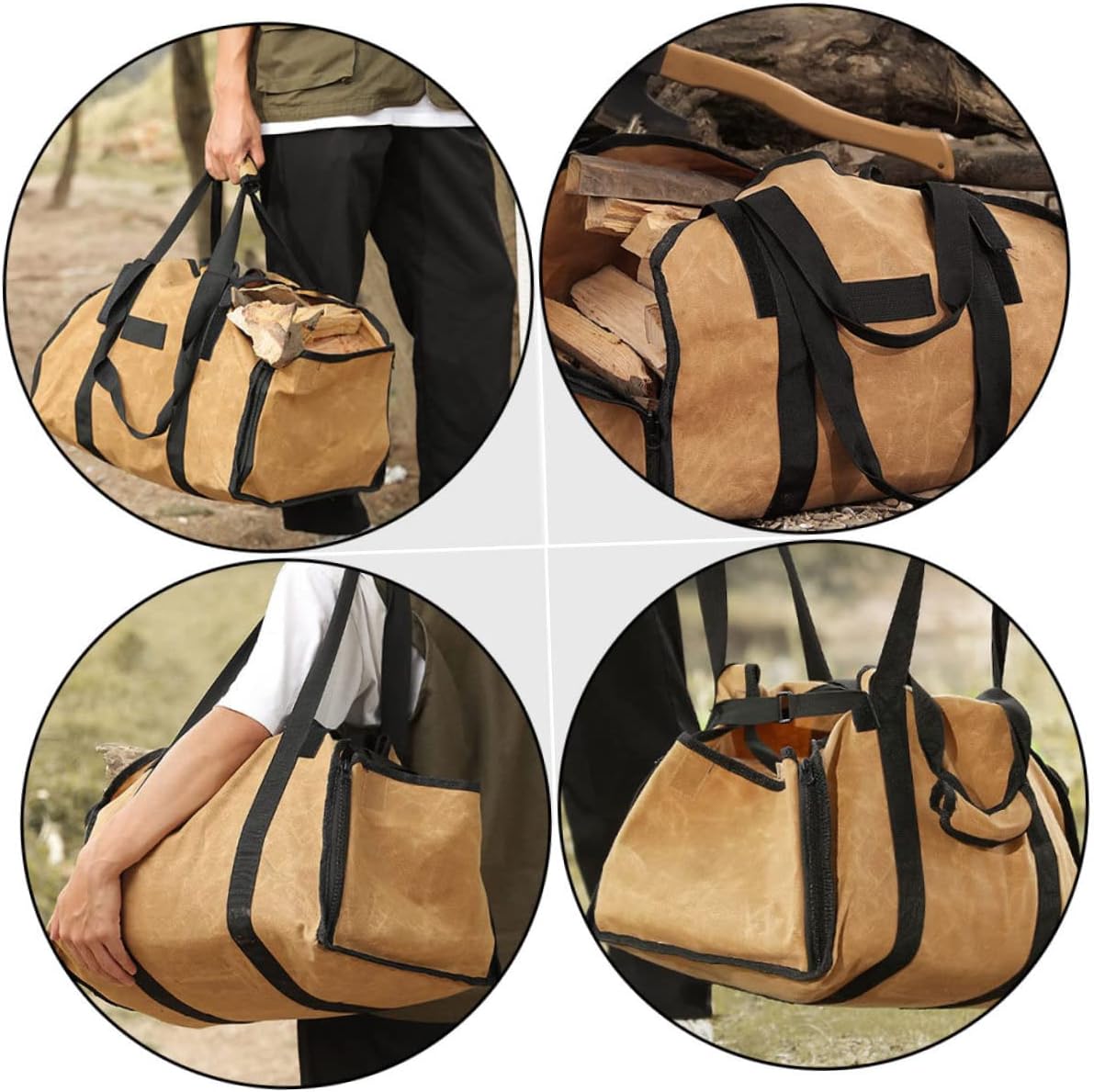 Outdoor Firewood Storage Bag Capacity Canvas Tote for Camping Firewood Carrying Khaki Log Carrier Pouch Portable Firewood Carrier for Fireplace Outdoor Use