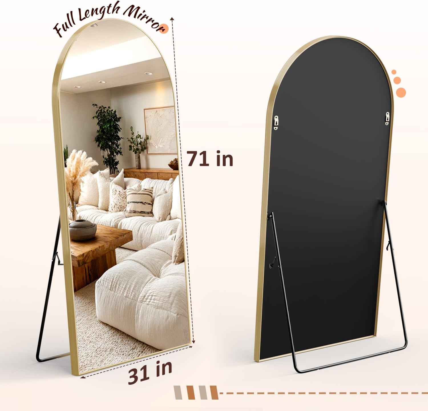 EOGOW 71" x 31" Arched Full Body Mirror,Standing or Leaning Tempered Glass Shatterproof Full Length Mirror with Stand for Bedroom Living Room Entryway,Gold