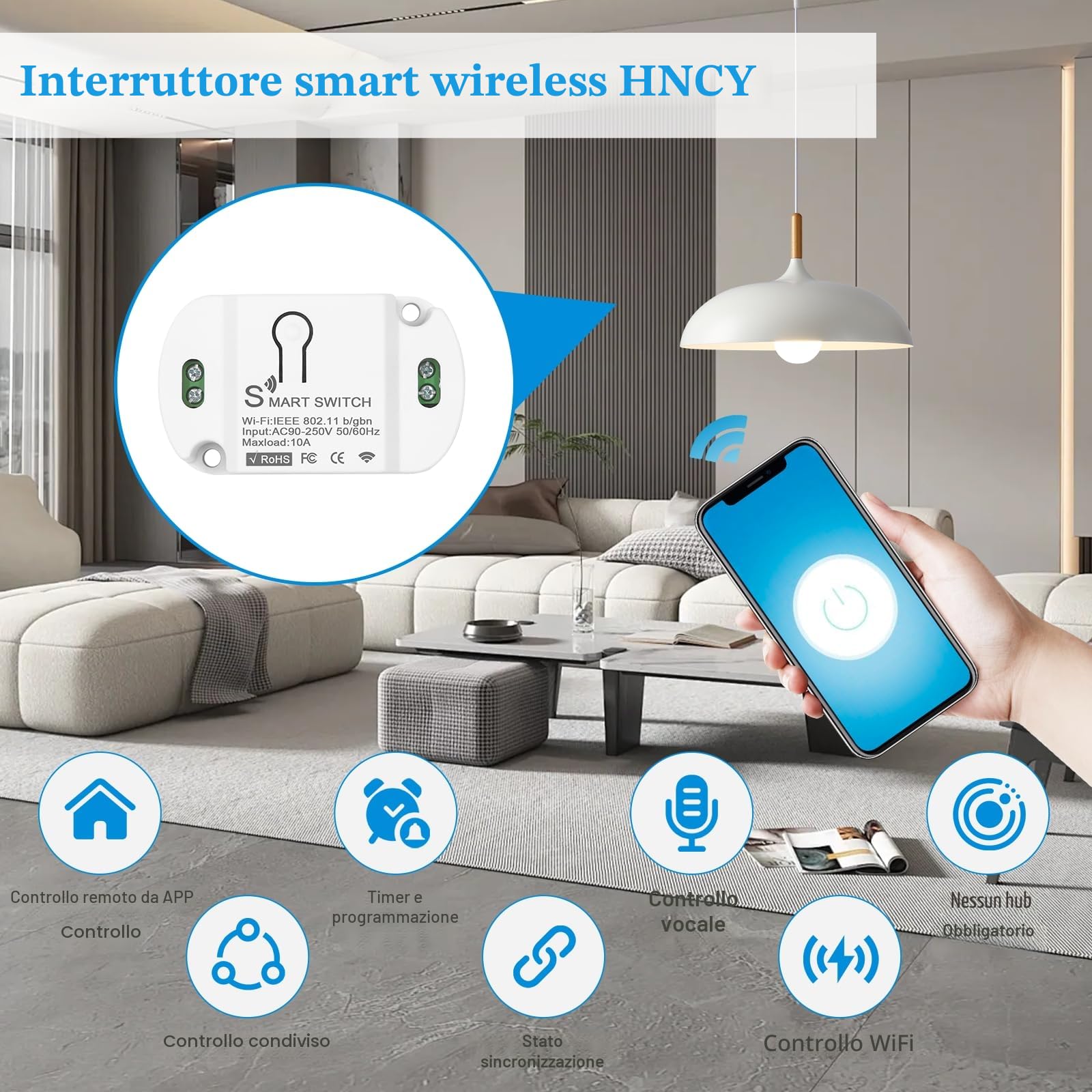 1PC Interruttore Alexa Luci, Interruttore WiFi, Interruttores Smart Compatibile Con Alexa, Google Home, interruttores intelligente Controllo Vocale Controllo Tuya/Smart Life APP
