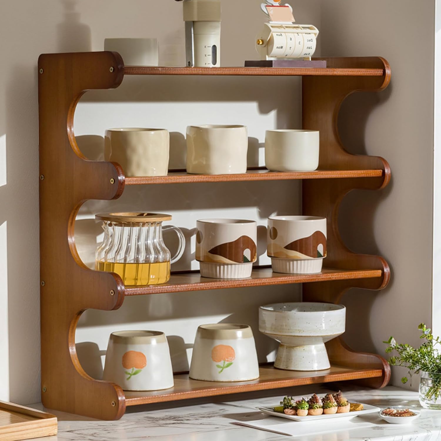 4-Tier Wooden Mug Display Holder, Mug Holder for Countertop Coffee Cup Holder Coffee Mug Organizer Mug Rack for Coffee Bar Organizer Mug Shelf for Cabinet for Kitchen, Home,Brown