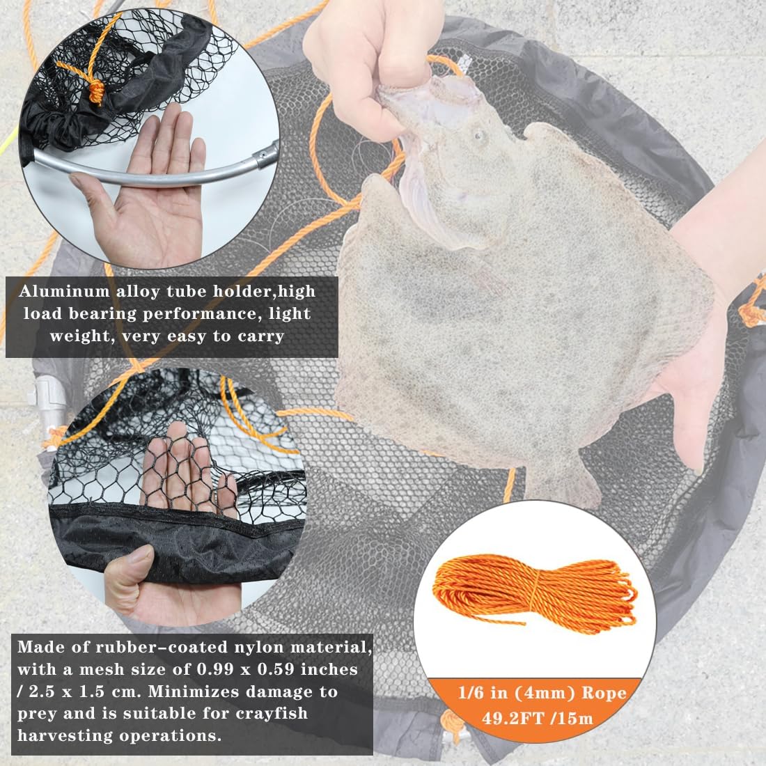 Drasry Red de aterrizaje plegable para puente y muelle – Red de caída de anillo de aluminio de alta carga para agua salada y agua dulce – Cesta plegable con cuerda de 49.2 pies