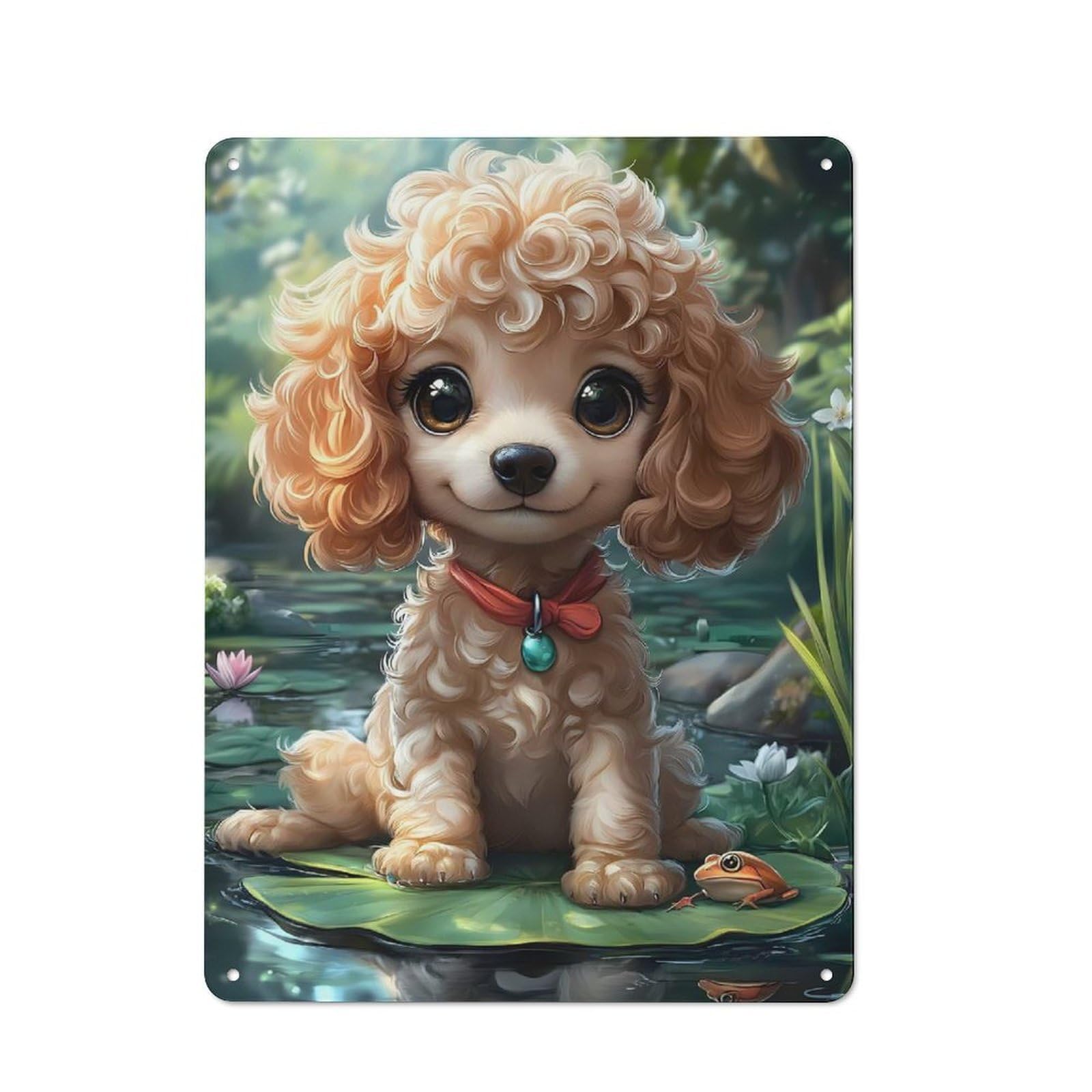 Junmoney Style-21 Vintage Tin Sign With Cute Poodle On Lily Pad Animal Design 40X30cm, Nostalgic Nostalgic Wall Art For Living Room, Hallway, Kitchen Or Cafe