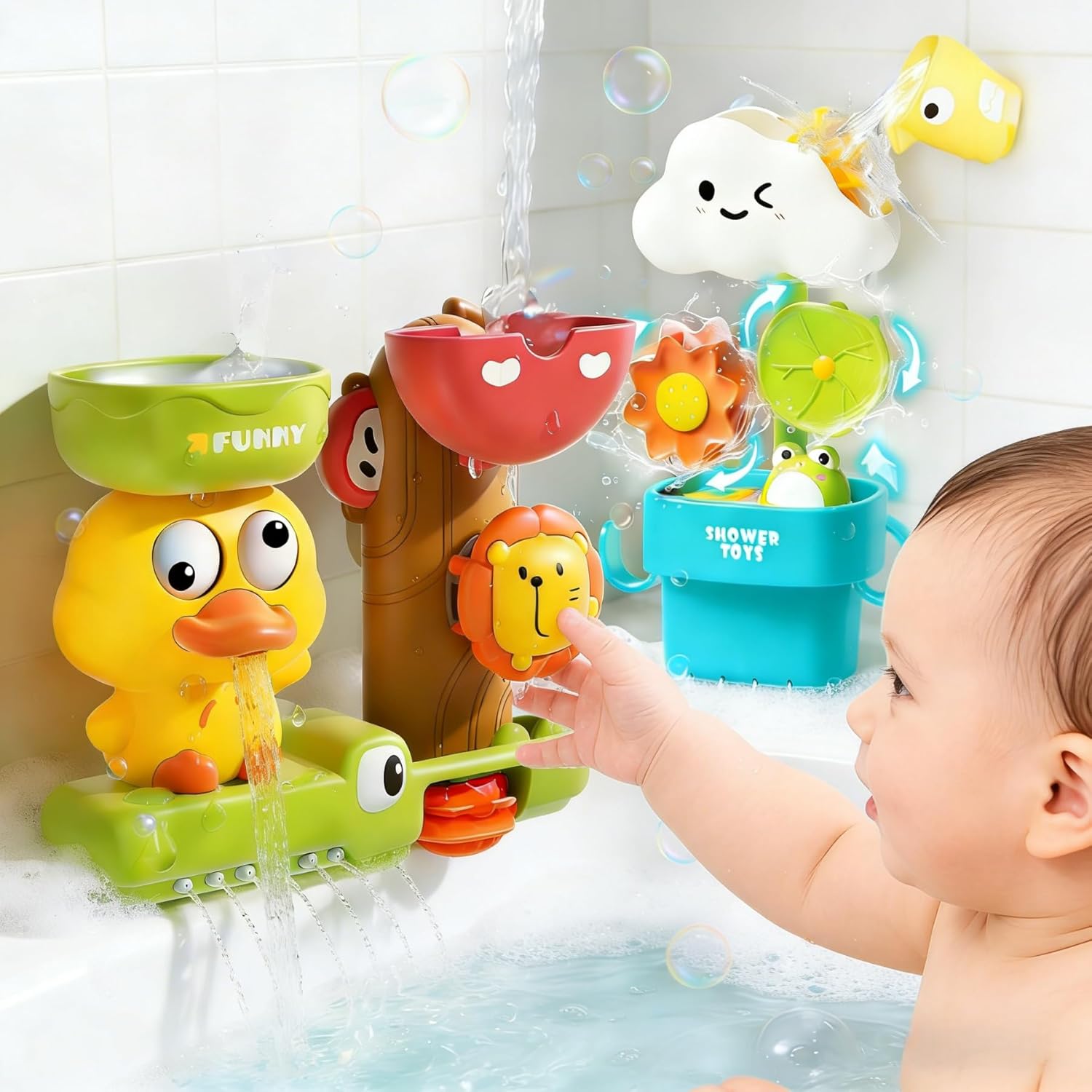 2-in-1 Bath Toys for Toddlers 1-3, Cloud Rain Toy with Rising Frog & Spinning Lotus Suction Squirting Duck & Spinning Lion, Sensory Bathtub Play, Gift for Kids 18M+, BPA-Free ABS Plastic
