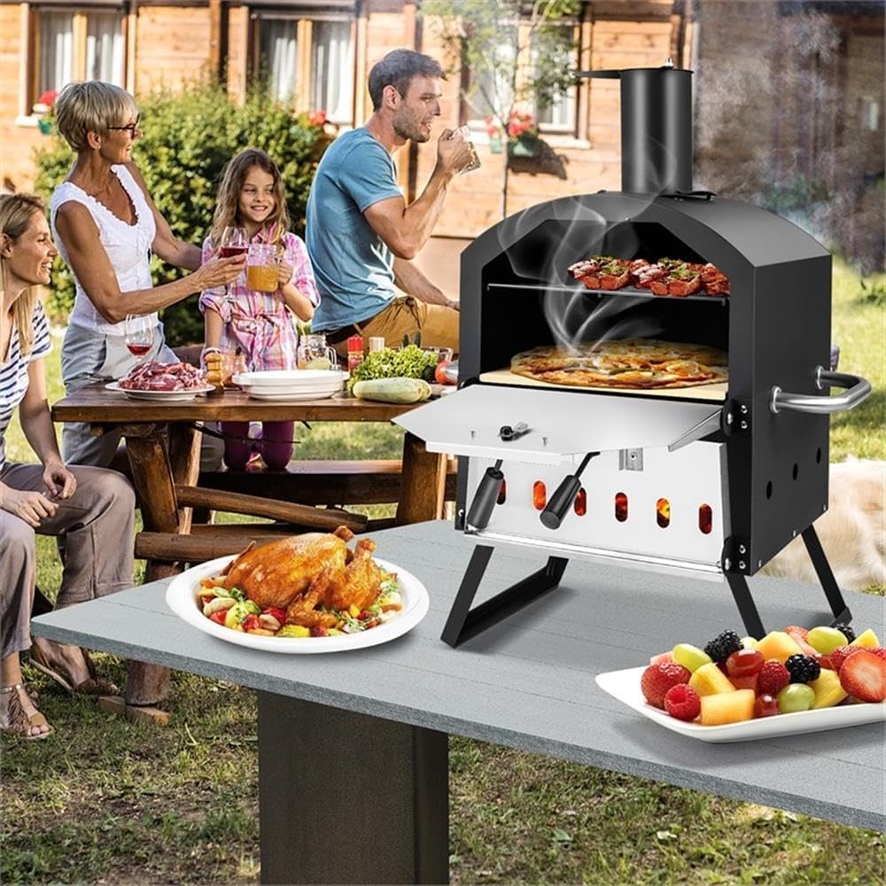 Pemberly Row 2-Layer Wood Fired Pizza Oven Grill, Dual-Tier Design, Includes Pizza Stone & Waterproof Cover, Portable with Folding Legs, up to 1112°F, Wood/Coal Fuel Option for Outdoor Cooking