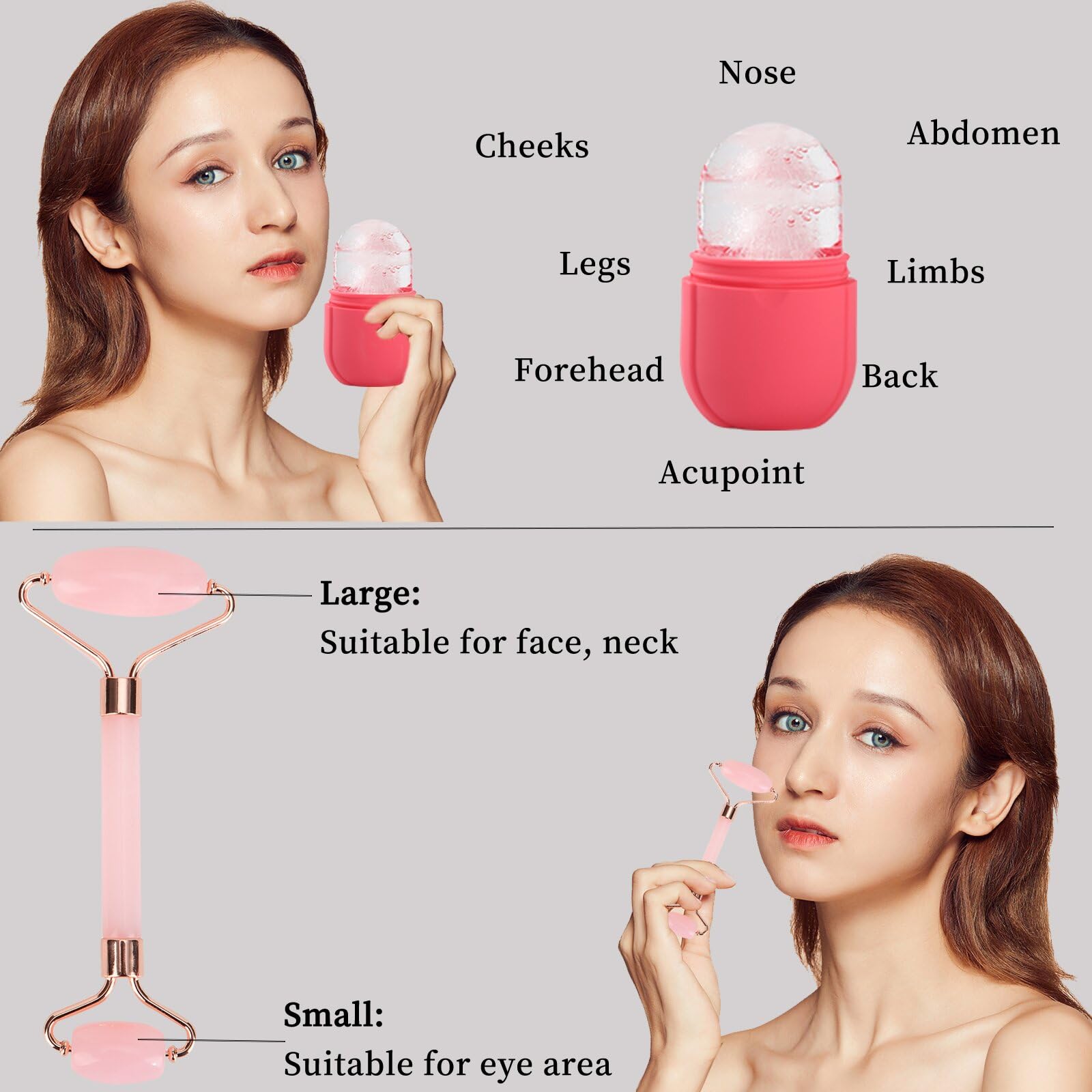 Ice Face Roller Jade Roller y Gua Sha, rodillo de hielo para rostro y ojos, herramientas de cuidado de la piel de belleza facial para iluminar la piel y quitar líneas finas (Ovalado, juego rosa)