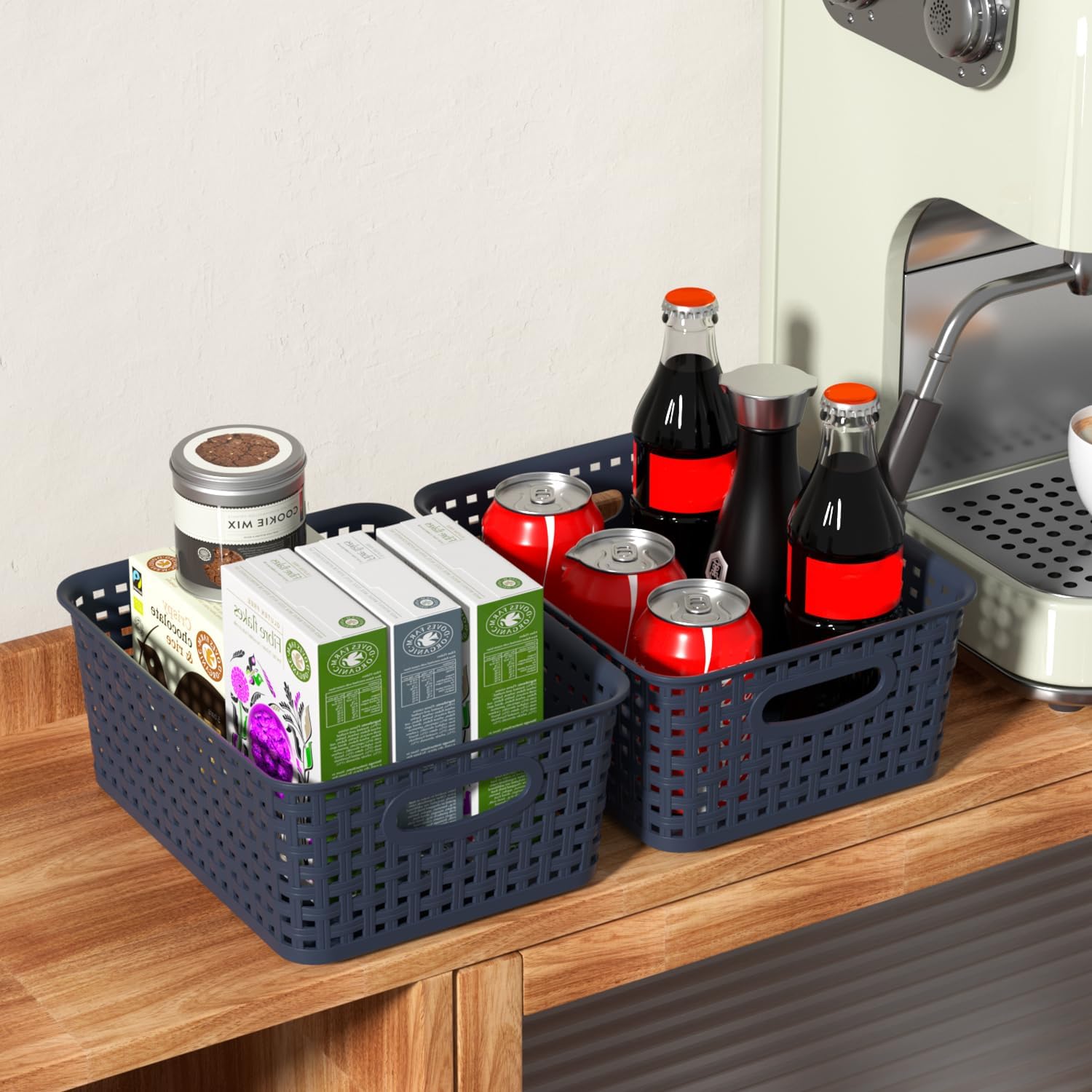 Sadstory Plastic Weave Storage Baskets, Plastic Organizer Shelf Basket, Navy-Blue, 12 Packs