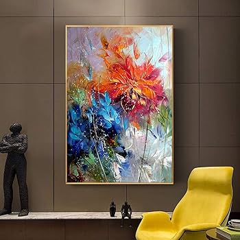 Amazon.co.jp: キャンバス上の絵画抽象的な水彩画ブルーオレンジの花の