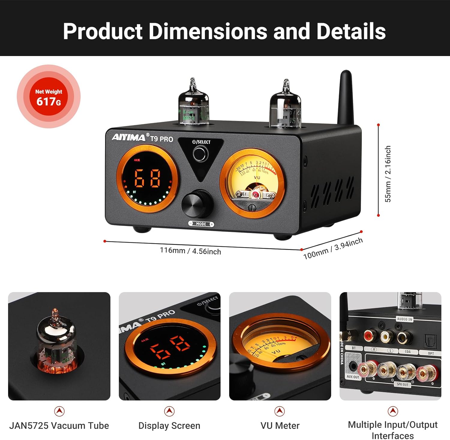AIYIMA T9 PRO 200W Bluetooth Amplifier HiFi Digital Class D Power Amp 2.0/2.1 Channel Vacuum Tube DAC Amp with VU Meter & Bass Treble Bluetooth 5.2 Coaxial Optical PC-USB inputs
