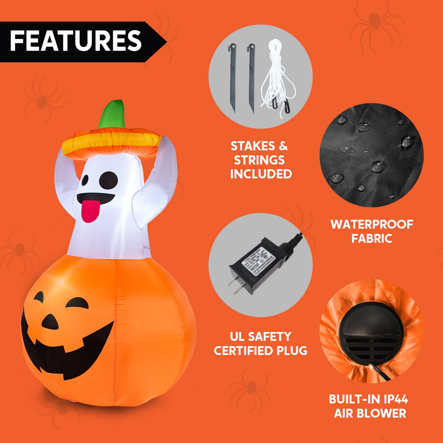 Joiedomi 1,52 m Halloweenowe nadmuchiwane dekoracje z duchem na zewnątrz, nadmuchiwane dekoracje ogrodowe w kształcie dyni, nadmuchiwany duch z diodami LED na uroczą dekorację na Halloween