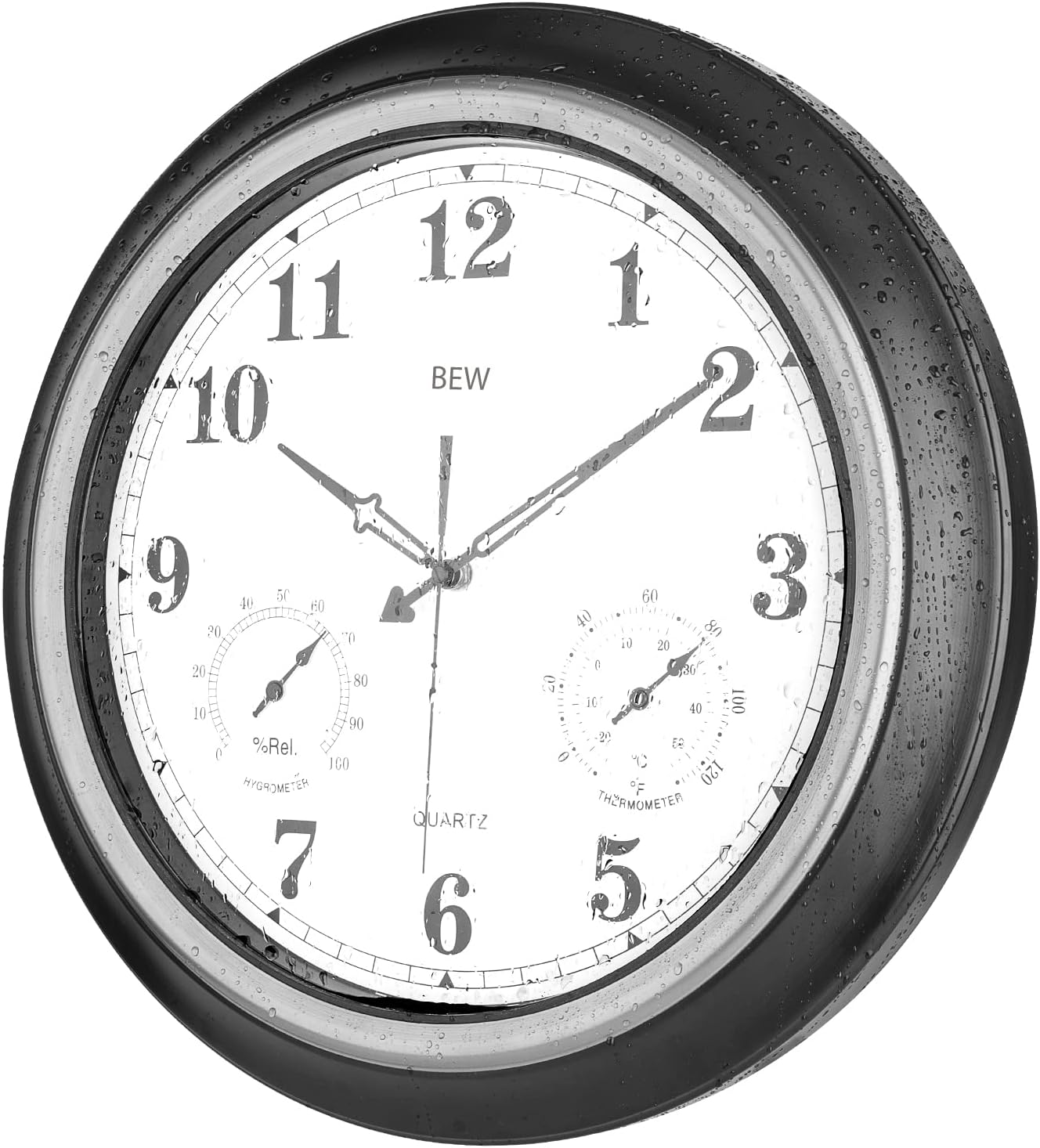 BEW Large Outdoor Clock, 18 Inch Waterproof Outdoor Clock with Thermometer and Hygrometer Combo for Patio (Silver-Black)