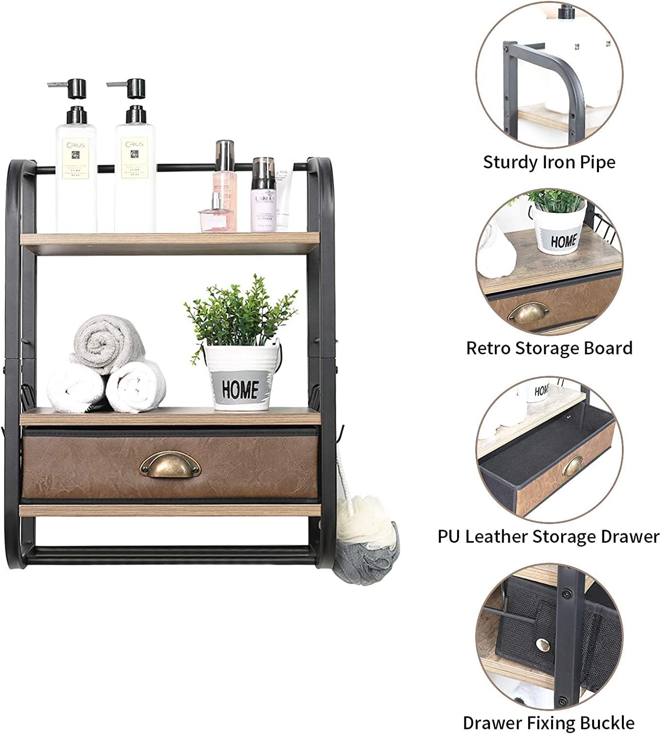 X-cosrack Wall Mounted Bathroom Shelves 3-Tier, Adjustable-Layer with PU Drawer and Towel Bar Industrial Iron Hanging Storage Rack, for Kitchen Bathroom Living Room Bedroom