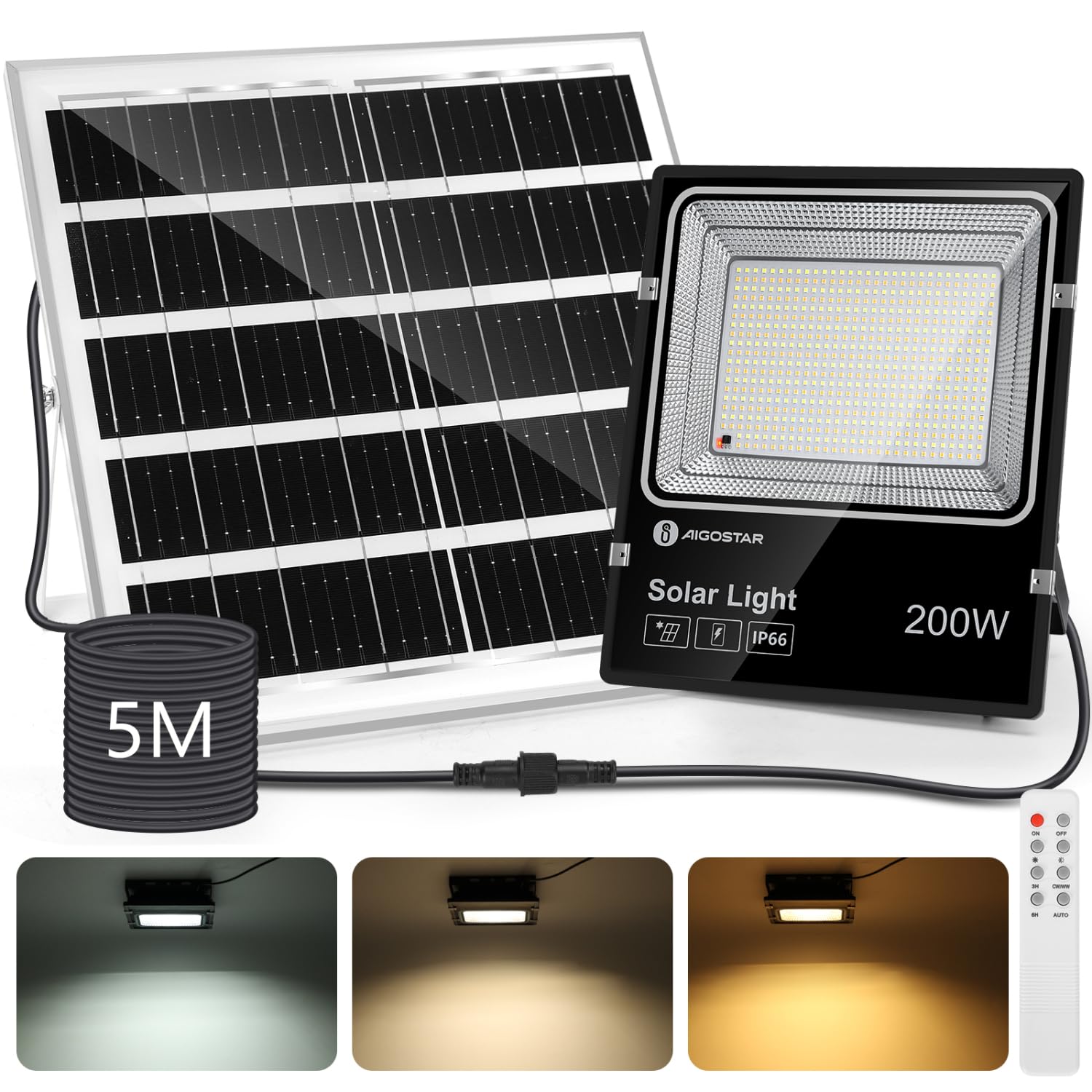 Aigostar-Solar LED Strahler Außen mit Große Solarpanel,5 m Kabel,Dimmbar 3000K/4500K/6500K,16000mAH,Große Batteriekapazitä,IP66,Solarlampen für Außen Gärten,Solarleuchte mit Fernbedienung