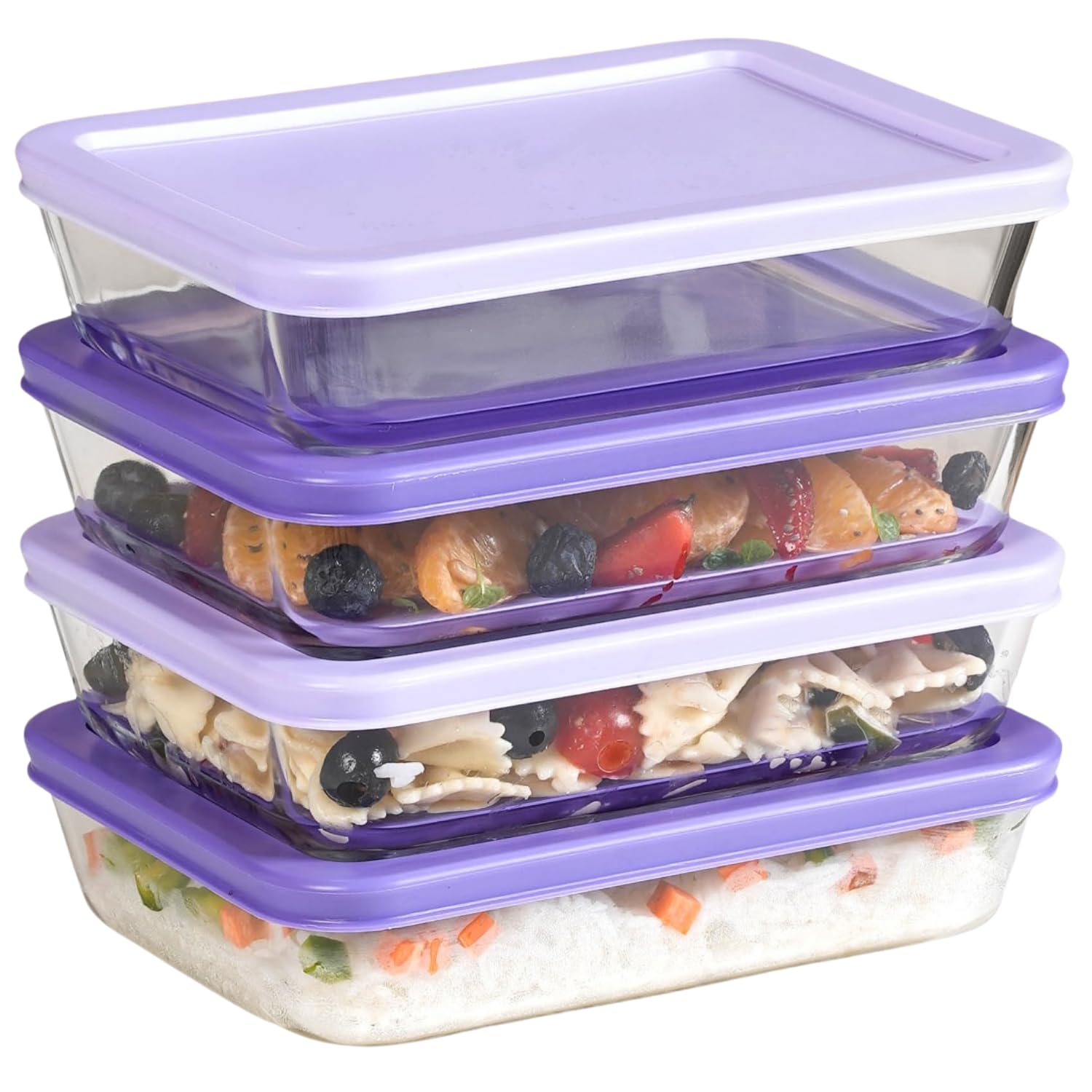 Nestasia Glass Containers for Fridge Storage Set of 4 (700ml) - Borosilicate Transparent Airtight Containers with Tight Locks, Microwave, Dishwasher and Refrigerator Safe, Purple