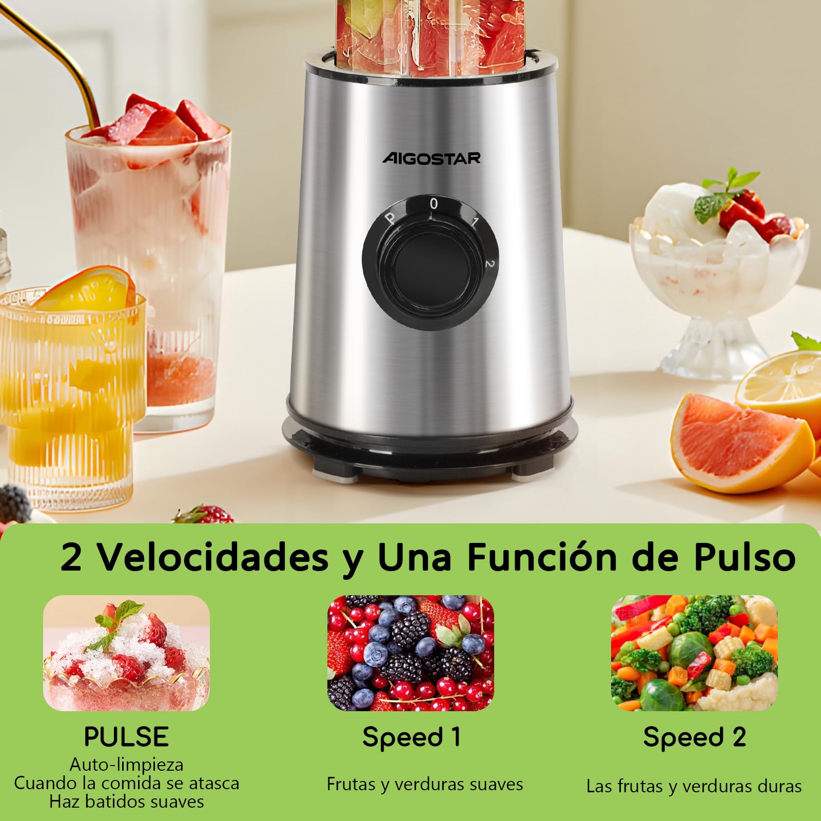 Aigostar Batidora de vaso con dos vasos portátiles de 800ml, 600W potencia. Batidora con vasos de Tritán, libres de BPA, con diseño de acero inoxidable. Perfecta para zumos, batidos y smoothies.