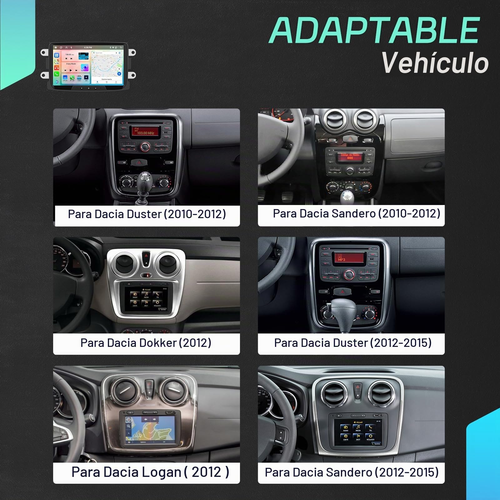 SIXWIN 4+64G 8-Core Android 15 Radio Coche para Renault Dacia Duster Sandero Logan Dokker con CarPlay Android Auto DSP,8 Pulgadas Pantalla Táctil,1280 * 720,con GPS WiFi BT USB FM RDS Radio
