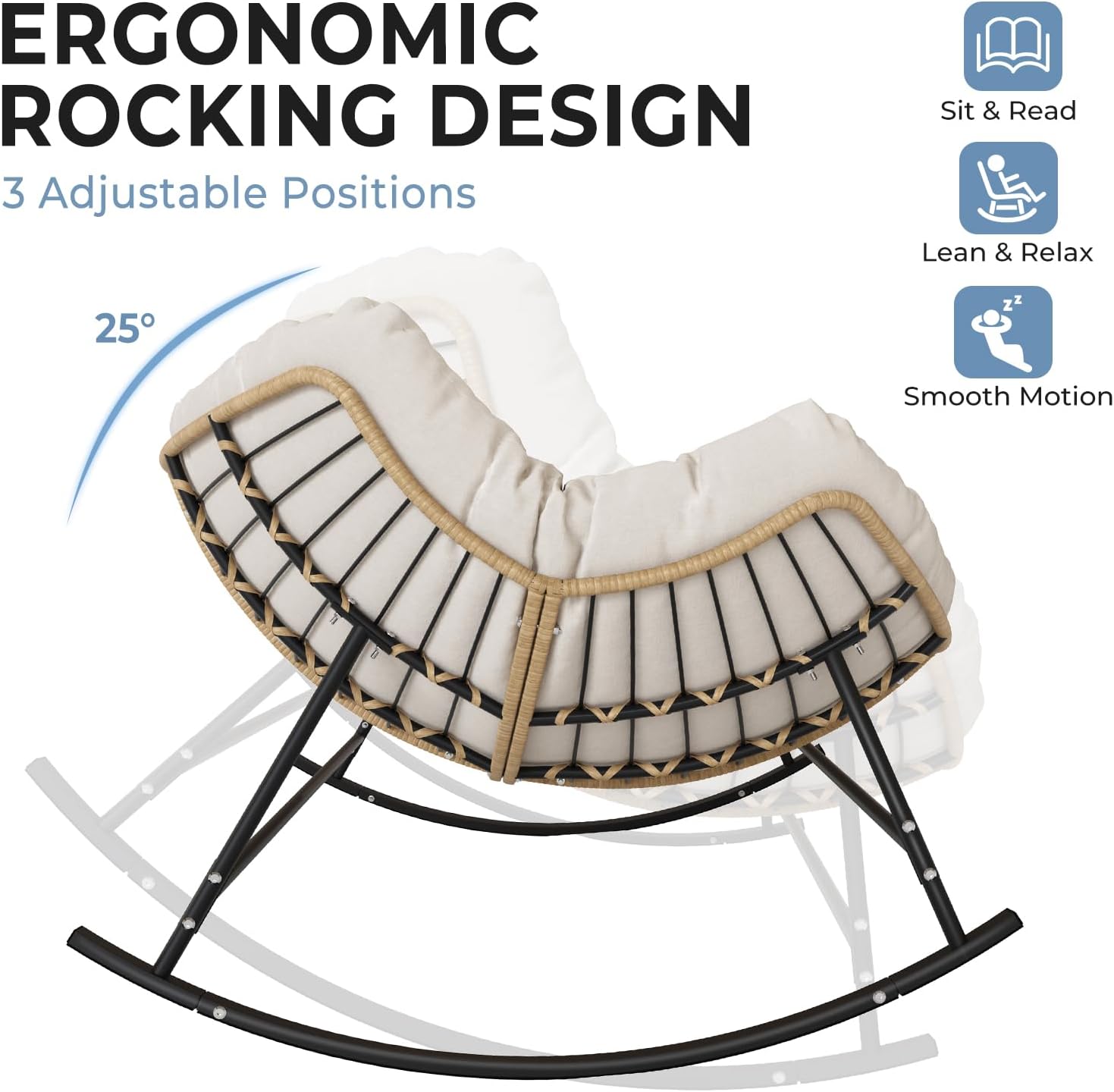 SWITTE Oversized Double Rocking Papasan Chair, Outdoor Wicker Egg Loveseat with Thick Cushion, 700 lbs Heavy Duty 2 Person Patio Lounge Rocker for Balcony, Porch, Indoor Bedroom, Cream