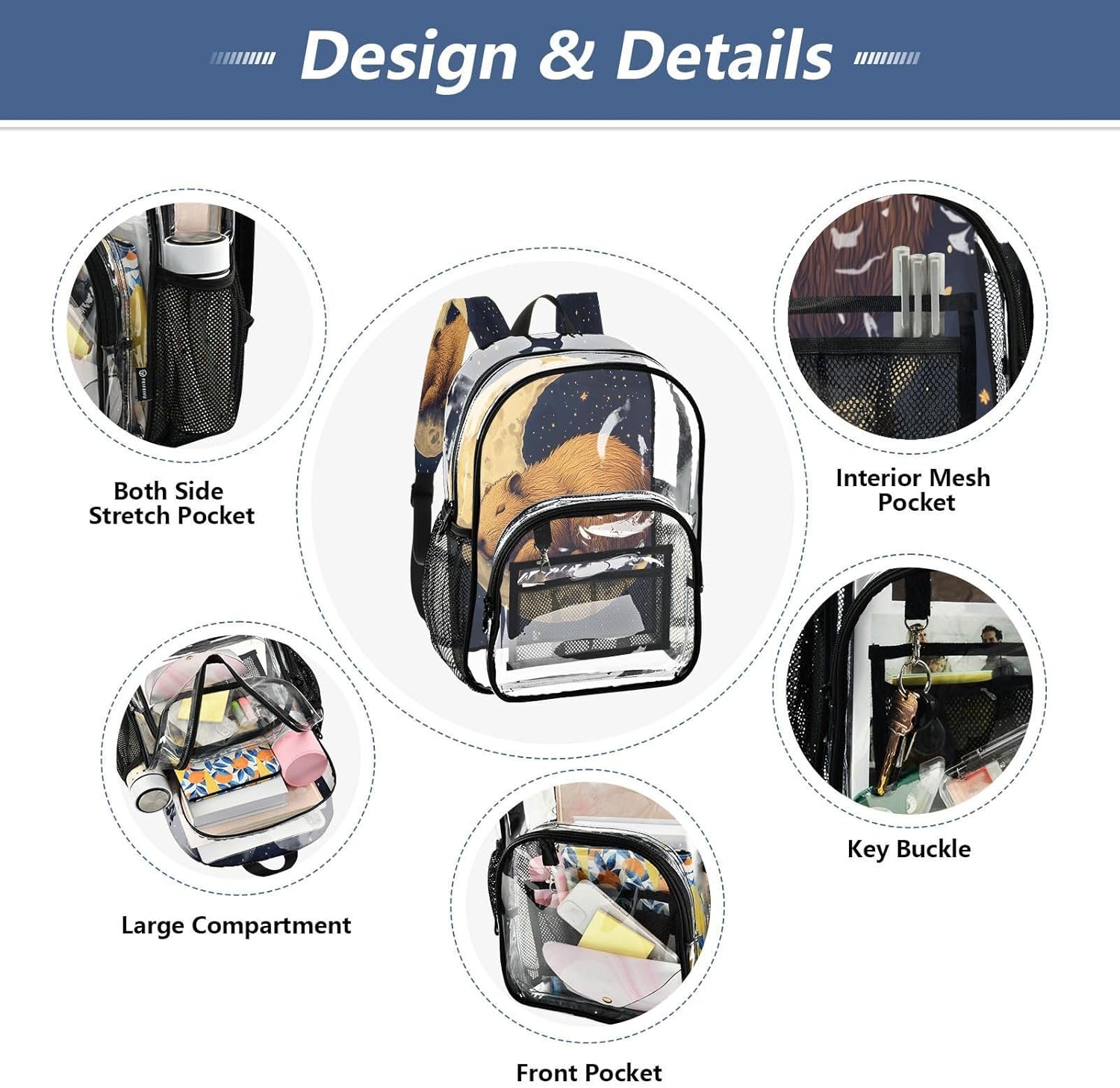 Capybara on The Moon Clear Backpack Heavy Duty See Through Transparent PVC BookBag for Kids Boy Girl Adult School Work