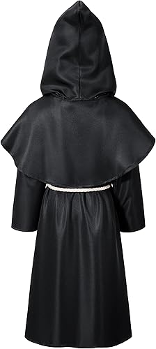 Miniatura 4 de Disfraz de monje renacentista medieval para niños, disfraz de sacerdote y mago, manto con capucha, disfraz de cosplay, conjunto de collar y cinturón