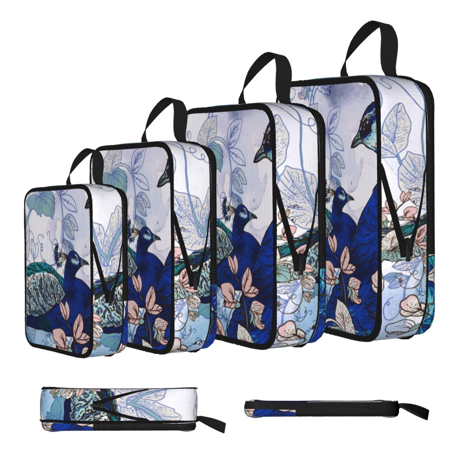 Peacock Floral Print 4 Set Compression Packing Cubes For Suitcases,Expandable Storage Bags Organizers