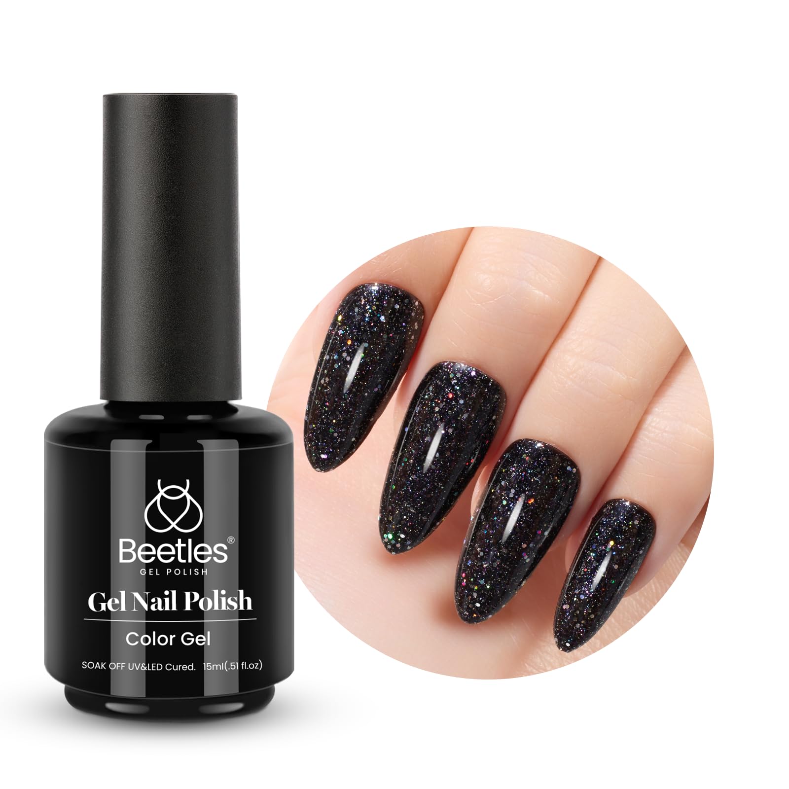Beetles Gel Polish 1Pcs Gel Nail Polish Reflective Schwarz Glitter 15 ml Glitzerfarbe Schimmernde Gel-lack Geschenk für Nagelkunst DIY- Heimmaniküre Geschenk für Frauen