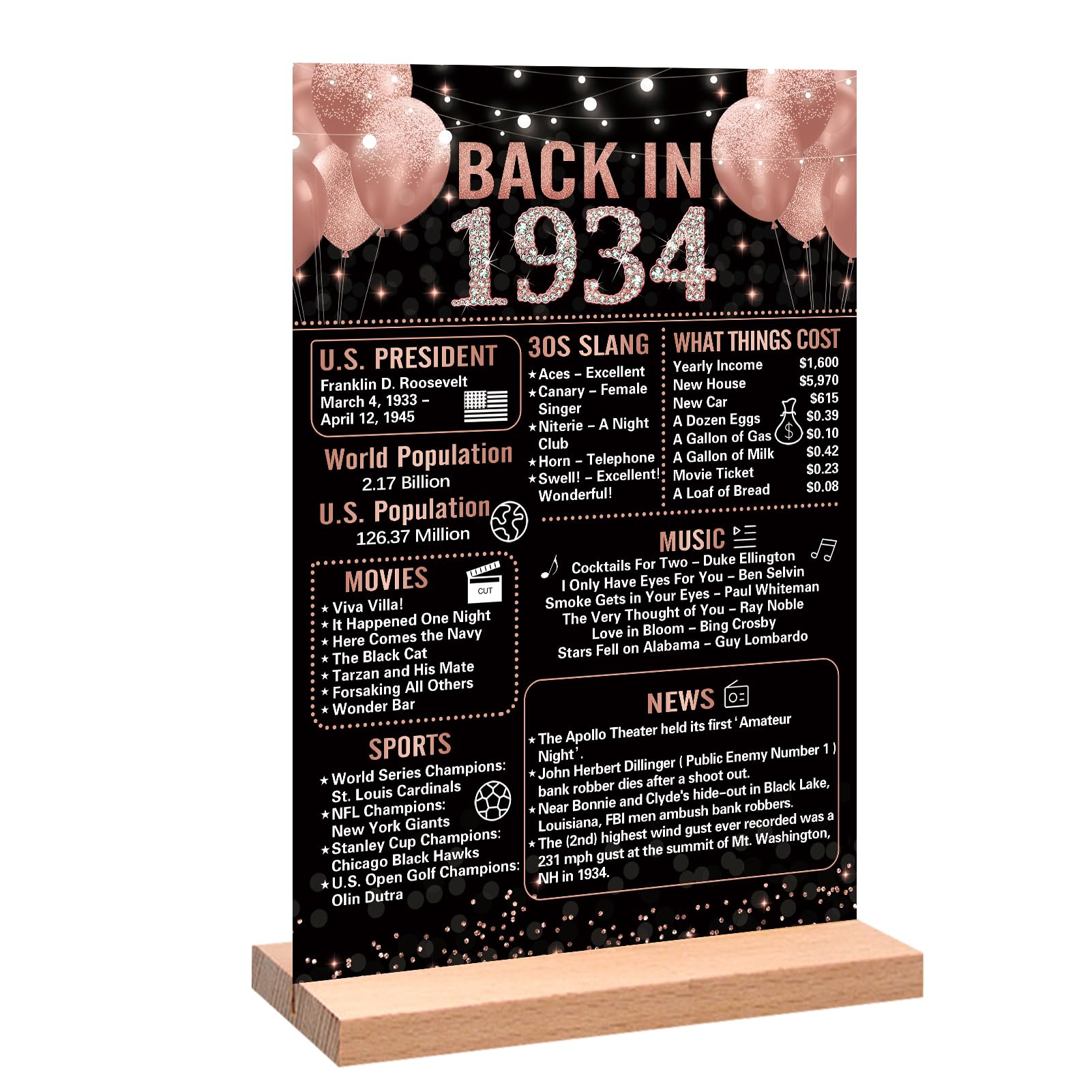 Trgowaul Cartello In Acrilico Per 90° Compleanno – Poster 'Back In 1934' Con Supporto Legno, Decorazione Tavolo Oro Rosa - 2