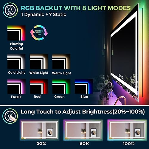 Miniatura 3 de YEELAIT Espejo de baño LED RGB de 72 x 36 pulgadas con luces retroiluminación colorida  luz frontal espejo de tocador de baño iluminado regulable