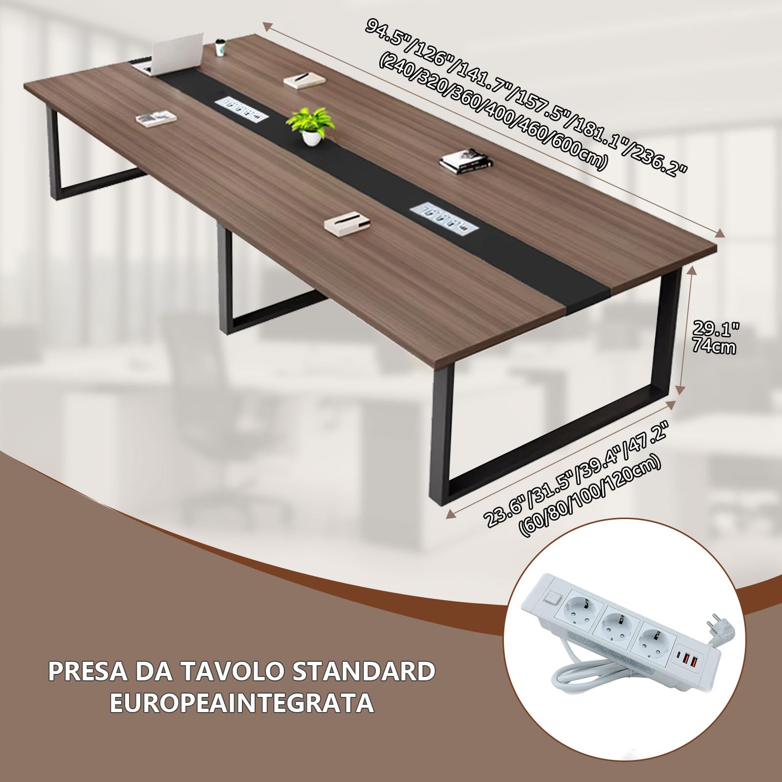 Tavolo Riunioni Moderno con Passacavi Integrato, Tavolo da Conferenza Rettangolare in Metallo Nero per 8–12 Persone, Ideale per Ufficio, Sala Conferenze e Seminari