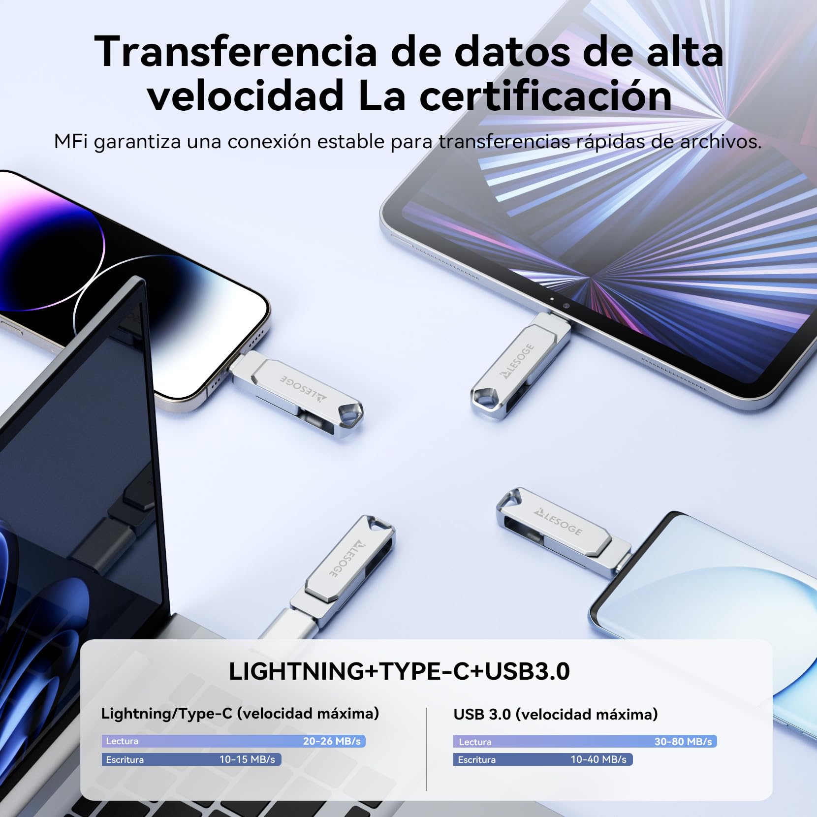 MFi – Memoria USB C 256GB para iPhone y Android, Memoria Externa iPhone 3 en 1, Memoria USB 3.0, pendrive USB-C para Fotos y vídeos (Plata)
