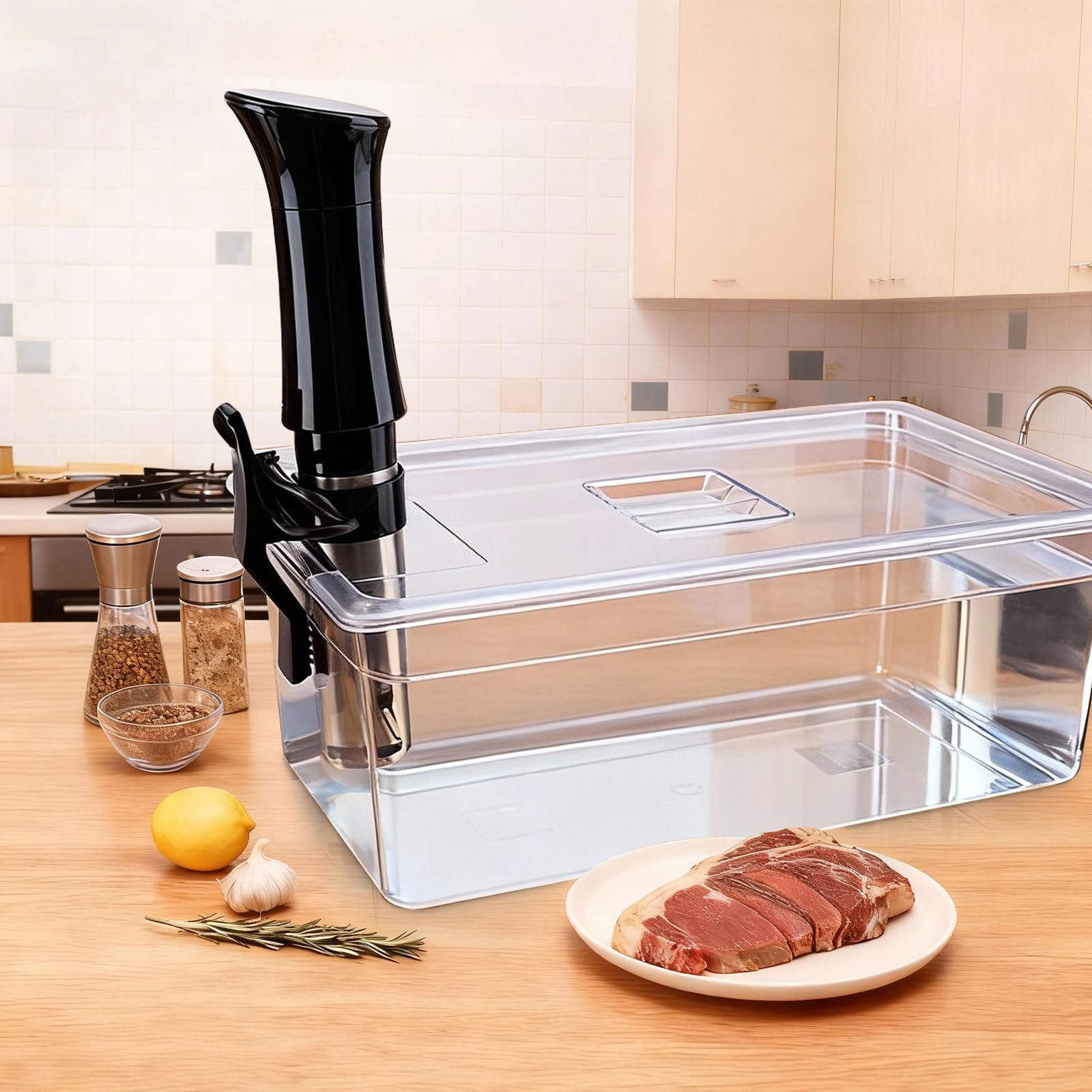 Sous Vide Container 26 QT with Lid, Rack & Spoon-Precision Cooking Tub for Anova Nano, Joule, Instant Pot Immersion Circulators - Large Accessories Kit (Square opening)