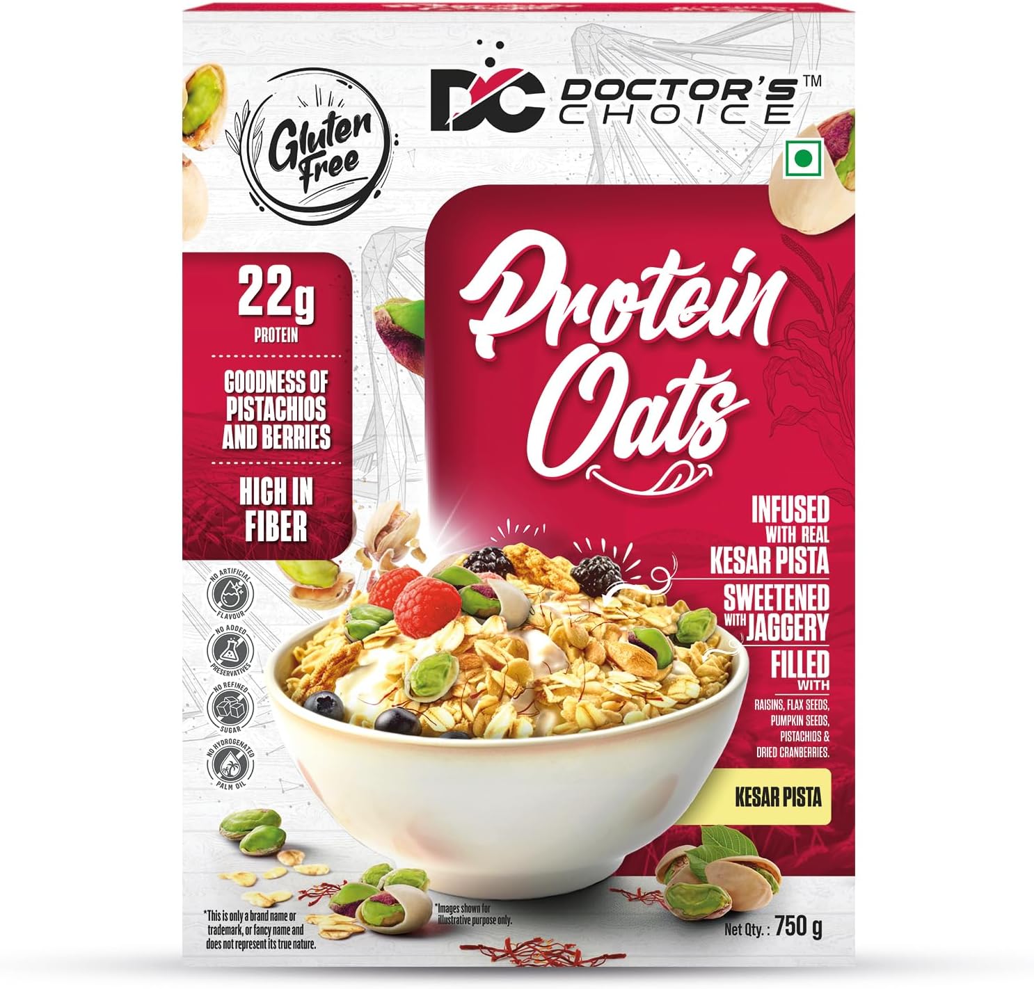 DC DOCTORS CHOICE Kesar Pista High Protein Oats (22G Protein), Jaggery Sweetened, No Additives, 0g Refined Sugar, High-fiber cereal with raisins | Doctor Choice Oats (750G, Kesar Pista),Flake