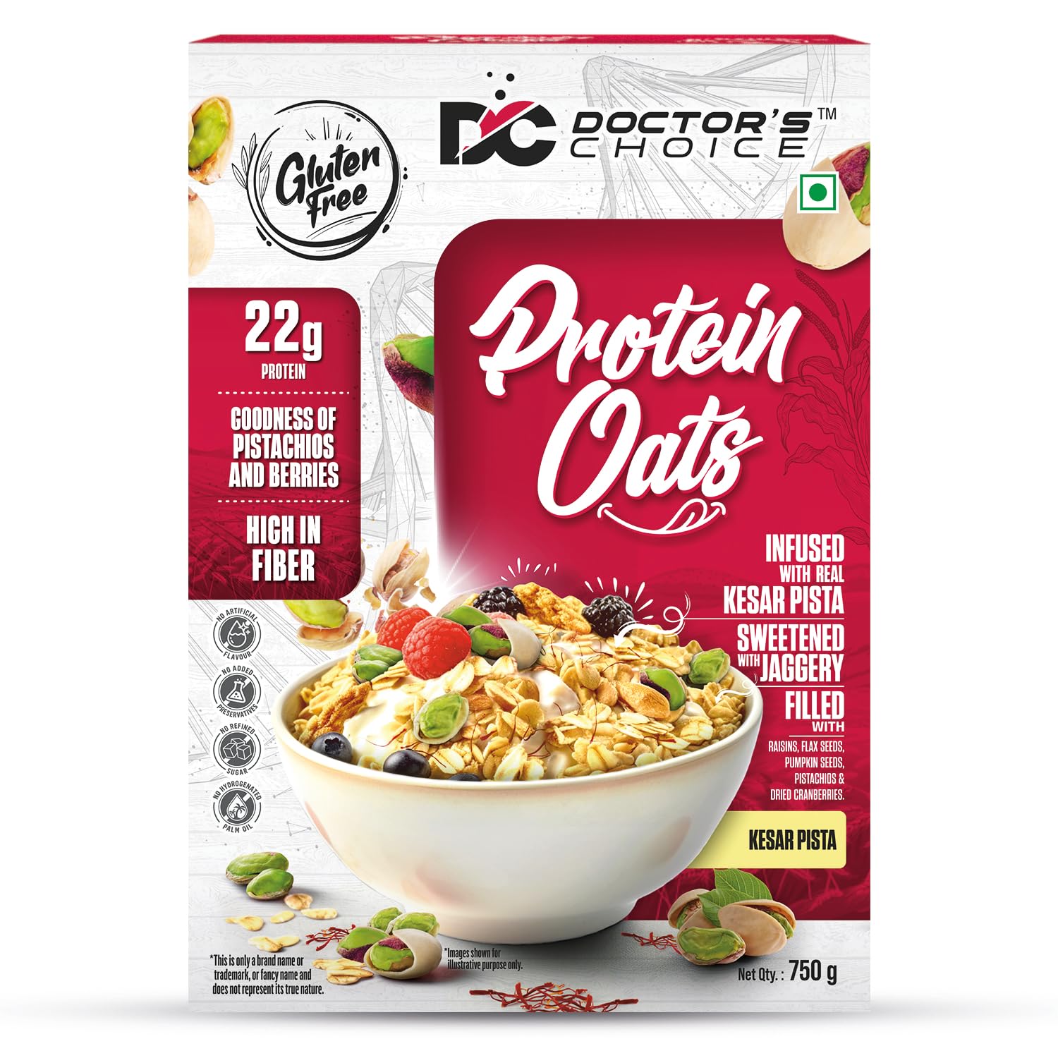 DC DOCTORS CHOICE Kesar Pista High Protein Oats (22G Protein), Jaggery Sweetened, No Additives, 0g Refined Sugar, High-fiber cereal with raisins | Doctor Choice Oats (750G, Kesar Pista),Flake