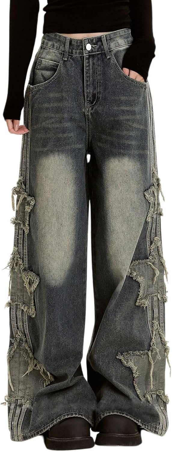 Baggy Jeans for Woman Girls Star Patchwork High Waist Cute Jean Streetwear Loose Pants Grunge Emo Clothing