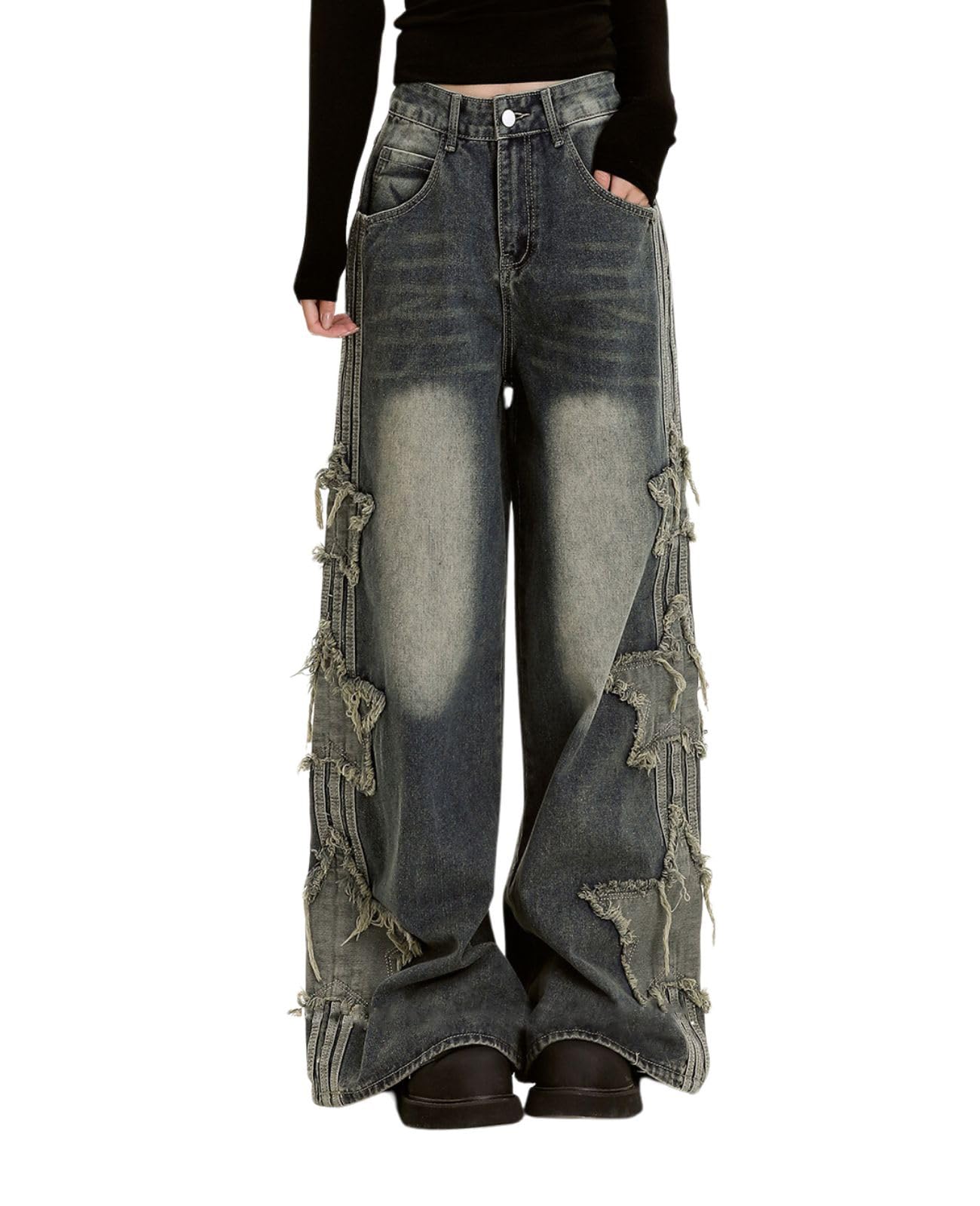 Lafaguw Baggy Jeans for Women and Girls, Star Patchwork, High Waist, Sweet Jeans, Streetwear, Loose Pants, Grunge Emo Clothing, Blue, S