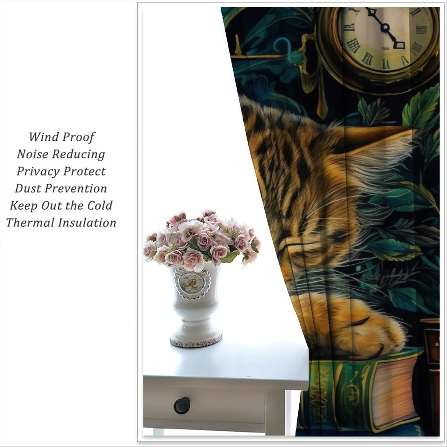 Library Bookshelf Blackout Curtains for Boys Girl Bedroom Home Decor,Watercolor Study Reading Book and Cartoon Cat Thermal Insulated Rod Pocket Darkening Living Room Window Drapes, 55 x 63 inch