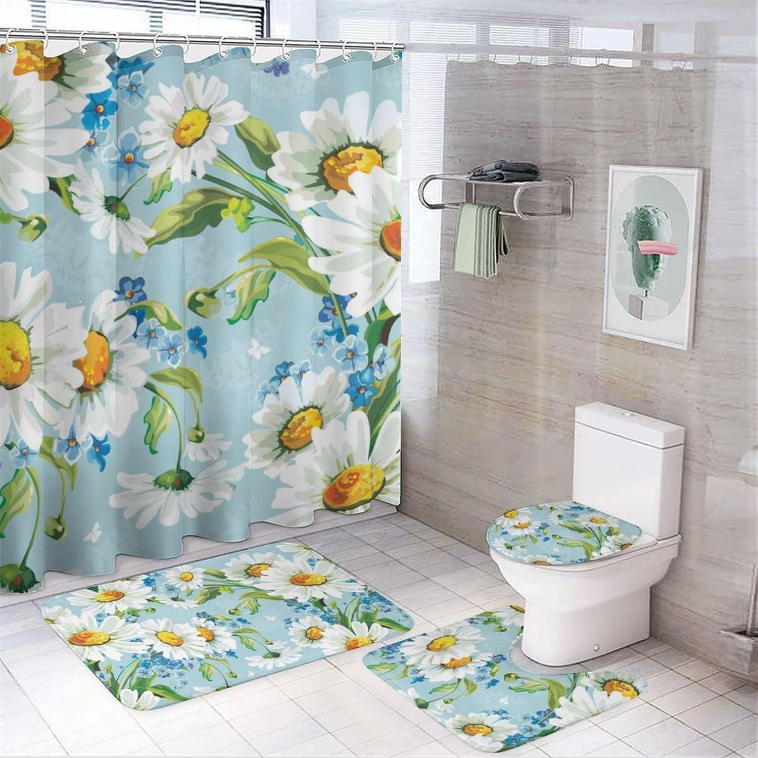 Rideaux de douche bohème motif floral bleu et blanc géométrique lot de 4