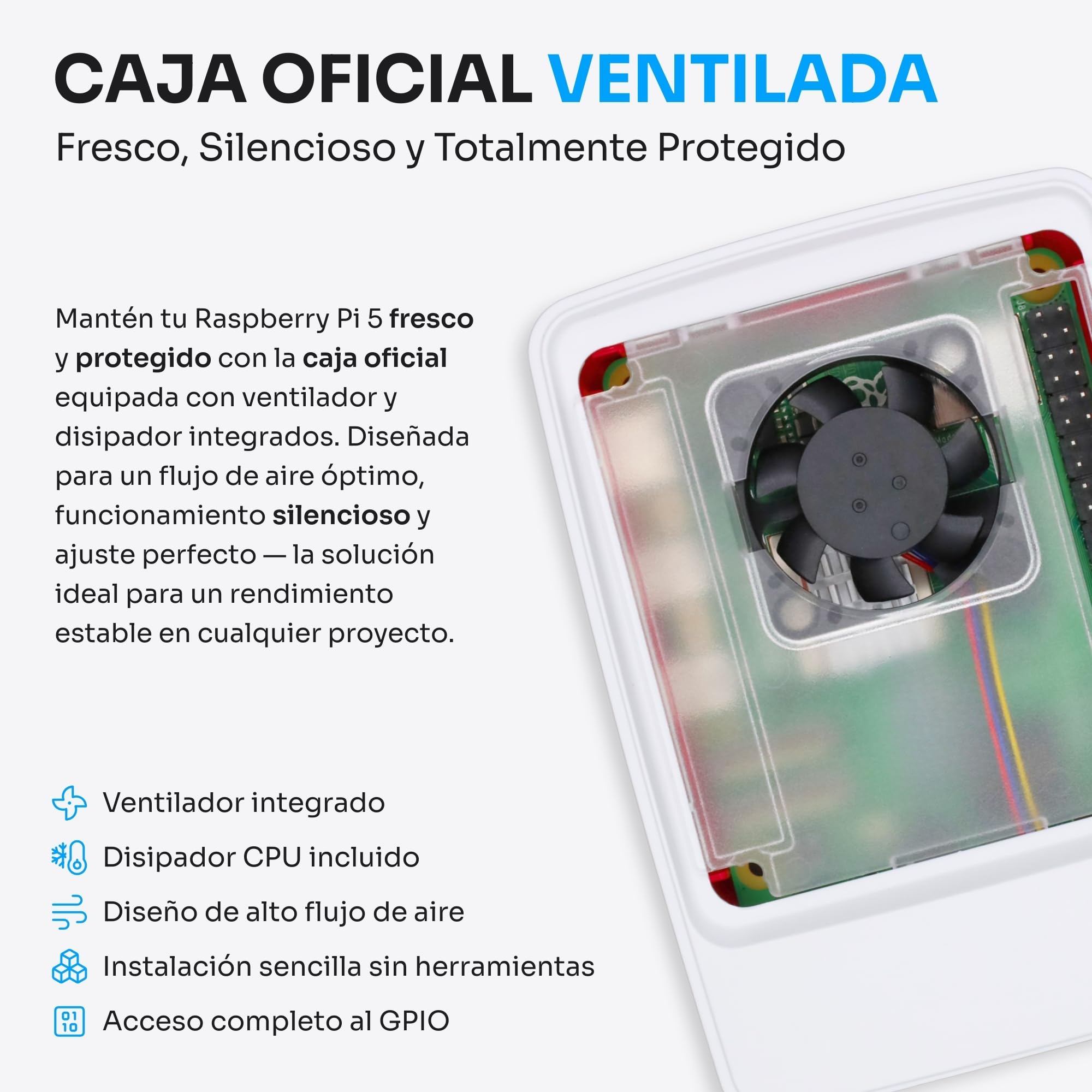 Starter Kit para Raspberry Pi 5 4 GB - Edición Esencial | Fuente de Alimentación 27 W | Caja con Ventilador Integrado y Disipador de Calor | Cable Micro-HDMI 4K 60 Hz