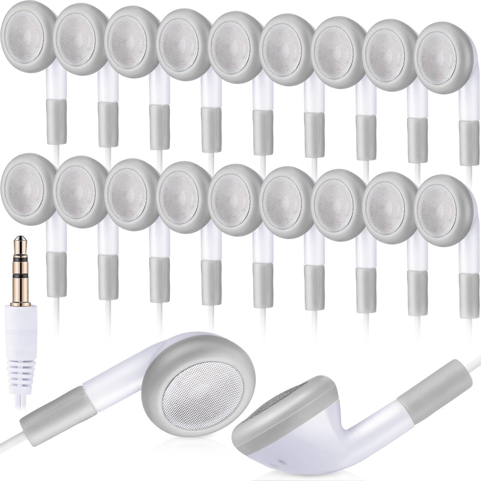Kanayu Paquete de 100 auriculares a granel para niños, estudiantes, aulas, escuela, juego de auriculares sin micrófono, para adultos, biblioteca, portátil, empaquetados individualmente (blanco)