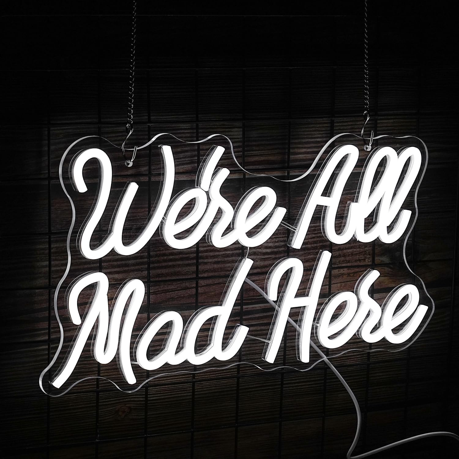 We Are All Mad Here Neon Sign Letter LED Neon Lights Dimmable USB Powered 16.5’’X9.4’’Cool Wall Decor Light Sign Bedroom Bar Birthday Party Decoration Gifts （White）
