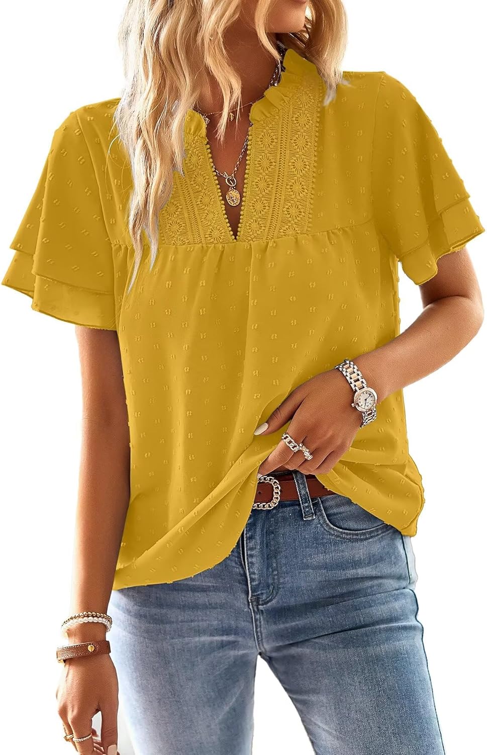 Falechay Womens Tops Butterfly Sleeve V Neck Blouses for Women Dressy Casual Flowy Swiss Dot Ruffle Short Sleeve Shirts