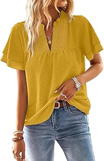Top Women's Summer Boho Blouse Short Sleeve Tops Flowing Elegant V-Neck T-Shirt Cas…