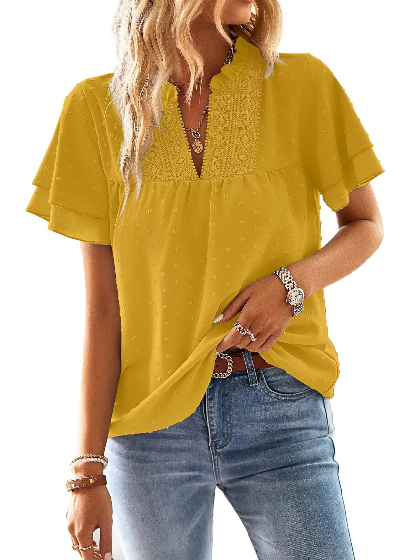TUUHAW T Shirt Donna Elegante Manica Corta Magliette con Scollo a V Estiva Boho Camicia Casual Volant Abbigliamento Pizzo Top