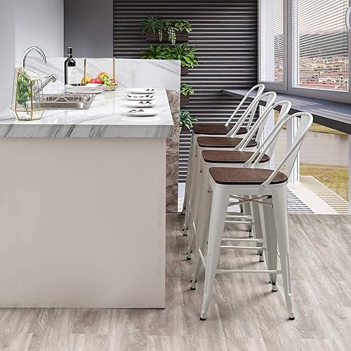 Miniatura 6 de Aklaus Juego de 4 taburetes de bar giratorios de metal, taburetes de barra con respaldo giratorio, asiento de madera, taburetes de bar de 30