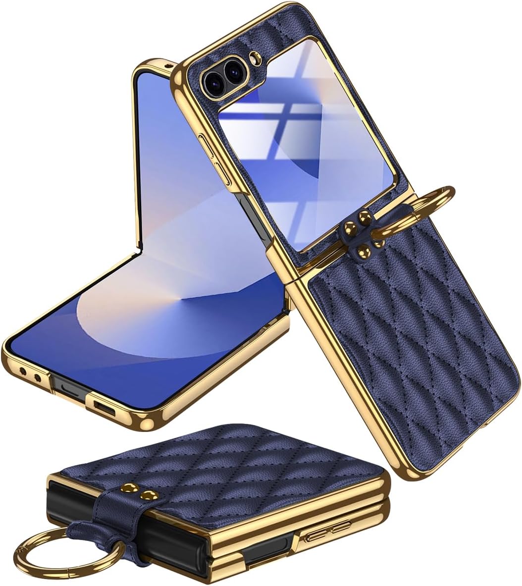 Miimall Slim Case for Samsung Z Flip 7 FE/Flip 6 Phone Case with Ring,Soft Leather Thin Full Body Shockproof Anti-Slip Luxury Screen Protector Cover Case for Samsung Galaxy Z Flip 6/Flip 7 FE,Blue
