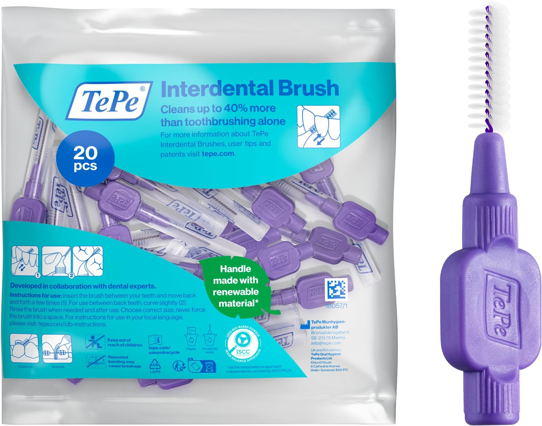 TePe Interdental Brush, Original, Purple, 1,1mm/ISO 6, 20pcs, efficient Cleaning Between Teeth, Plaque Remover and Dental flosser for Large Gaps