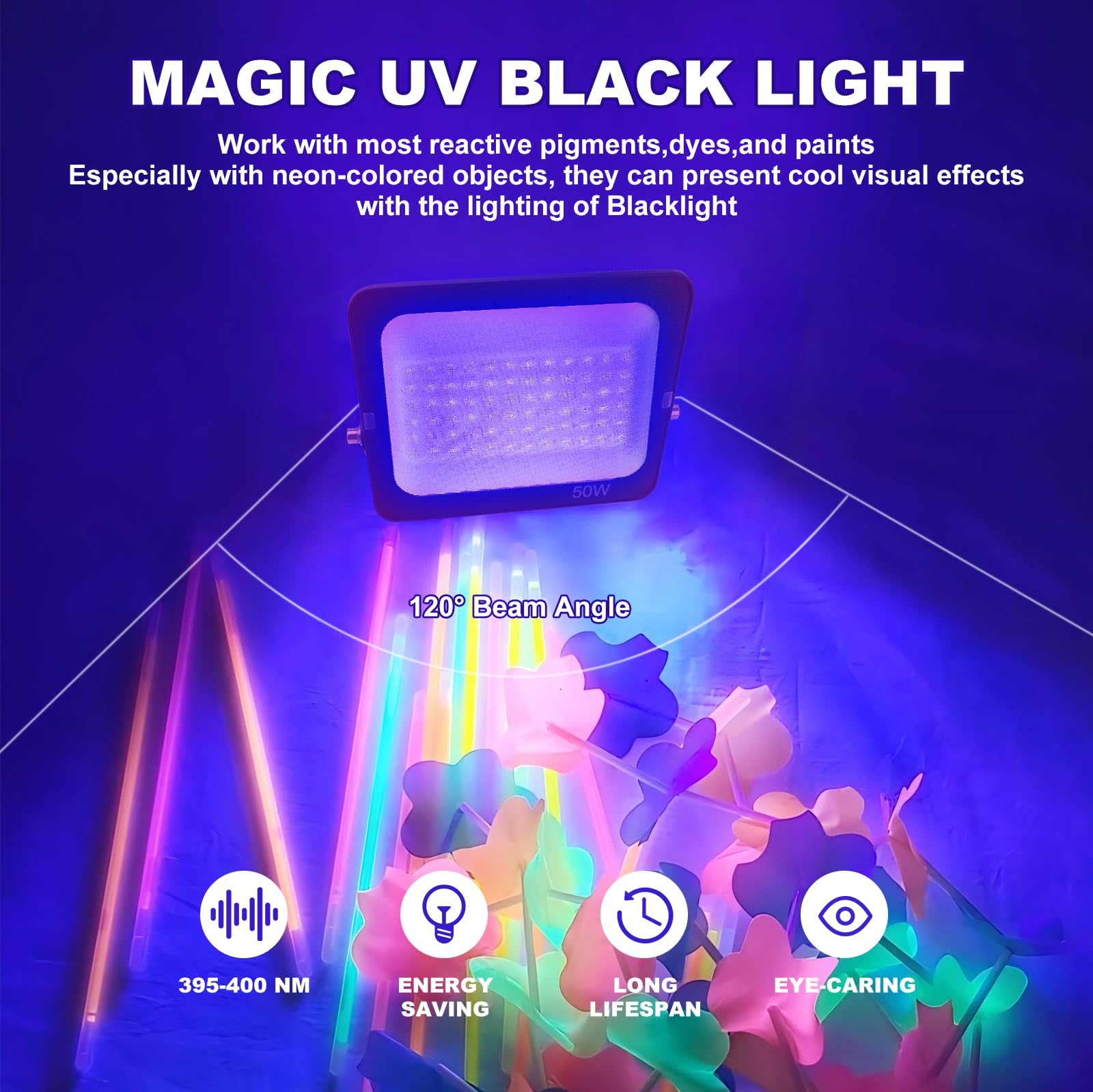 Luce Nera UV 100W,Fosingut 395-400nm Faretto UV LED con Spina,IP65 Impermeabile Lampada Ultravioletta Faro per Glow Festa,Fluo Pittura del Corpo,Natale,Halloween,Discoteca,Club,Acquario,Bar,Neon Festa