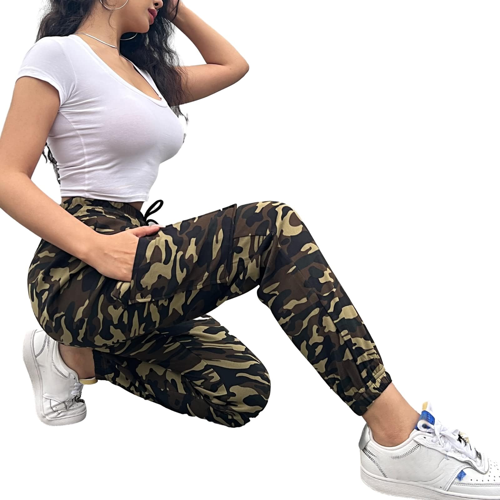 Nuofengkudu Joggers Camuflaje Pantalon Deportivo Mujer Elastico Cintura Alta con Cordon Cargo Bolsillos Tobilleros Harem Pantalones de Chándal Deporte Adolescente Jogging Casual