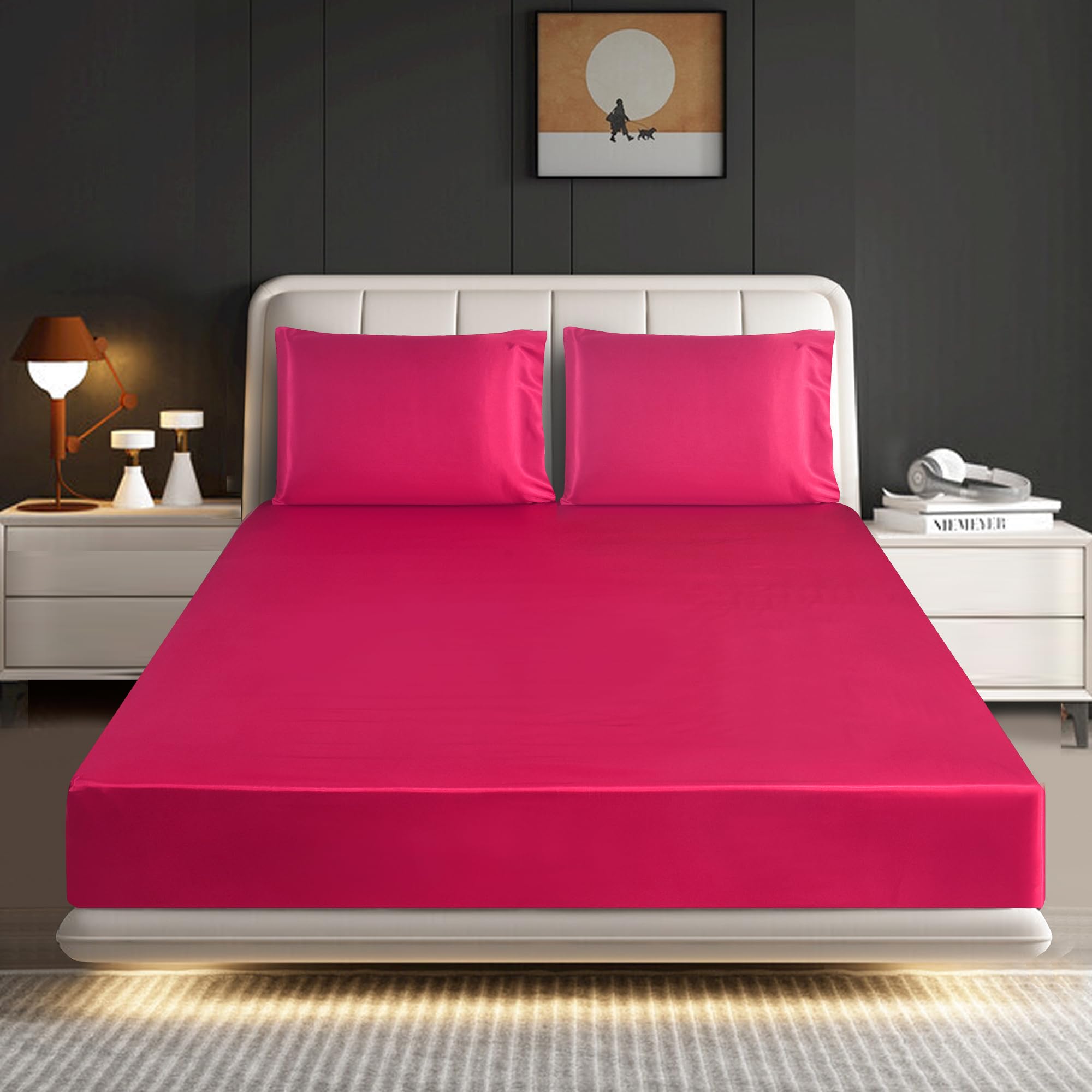 ROOEE Satin Silk Fitted Sheet with Pillowcase Set Breathable Soft Bedding Brushed Fabric Wrinkle, Shrinkage and Fade Resistant Bottom Bed Sheets (FUCHSIA, King)