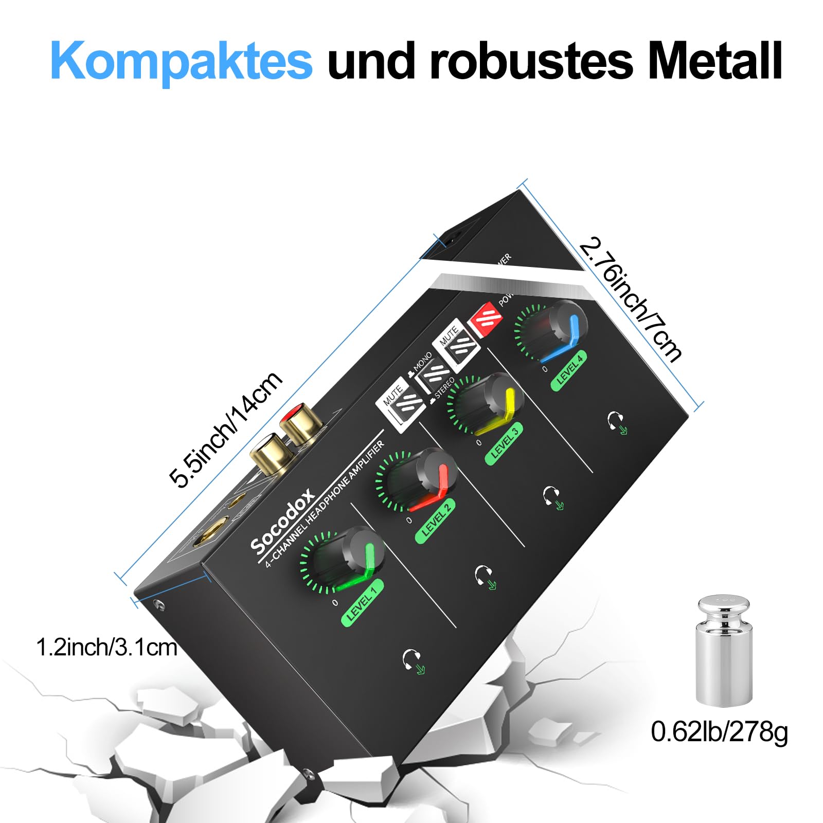 4-Kanal Kopfhörerverstärker, Kompakter Metall-Stereo-Kopfhörermischer mit 6,35 mm, 3,5 mm & RCA Eingängen, TRS Ausgängen, Stummschaltfunktion und coolem Licht, DC 12V - 14x7x3.1 cm