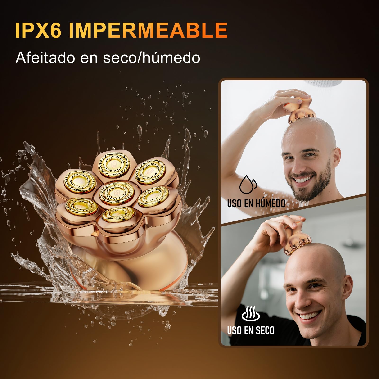 MAXGROOM Afeitadora Cabeza Hombre PRO, Maquina Afeitar Hombre, Afeitadora para Calva en Seco y Húmedo, 140 Mins de Uso, 7 Cabezales, Magnético, 100% impermeable, Dorado
