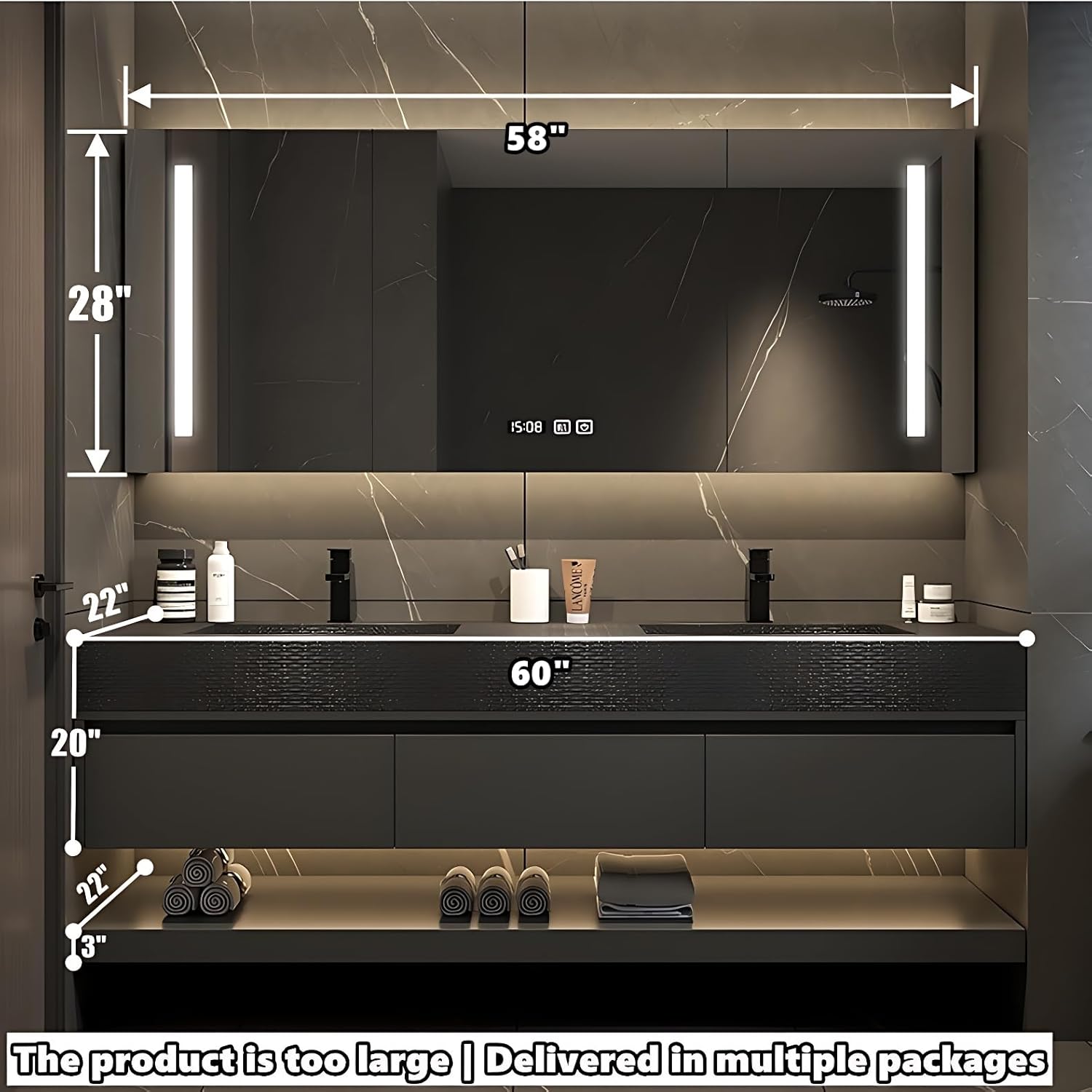 Bathroom Vanity with Sink - Floating Bathroom Vanity Set | Includes LED Smart Defogging Medicine Cabinet | Multi-Layer Solid Wood Material | Luxury and Elegant Design | Wall Mounted